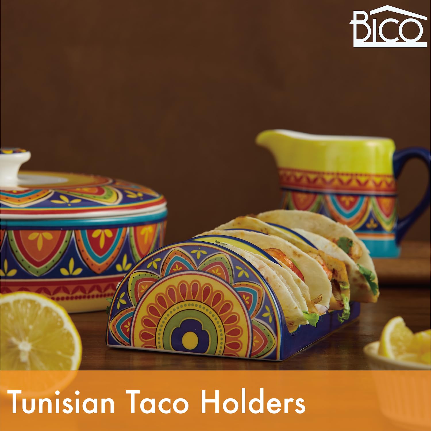 Bico Tunisian Ceramic Taco Holder Stand - Microwave & Dishwasher Safe Taco Rack Tray - Perfect for Taco Tuesday Parties, Mexican Food Night & Kitchen Organization