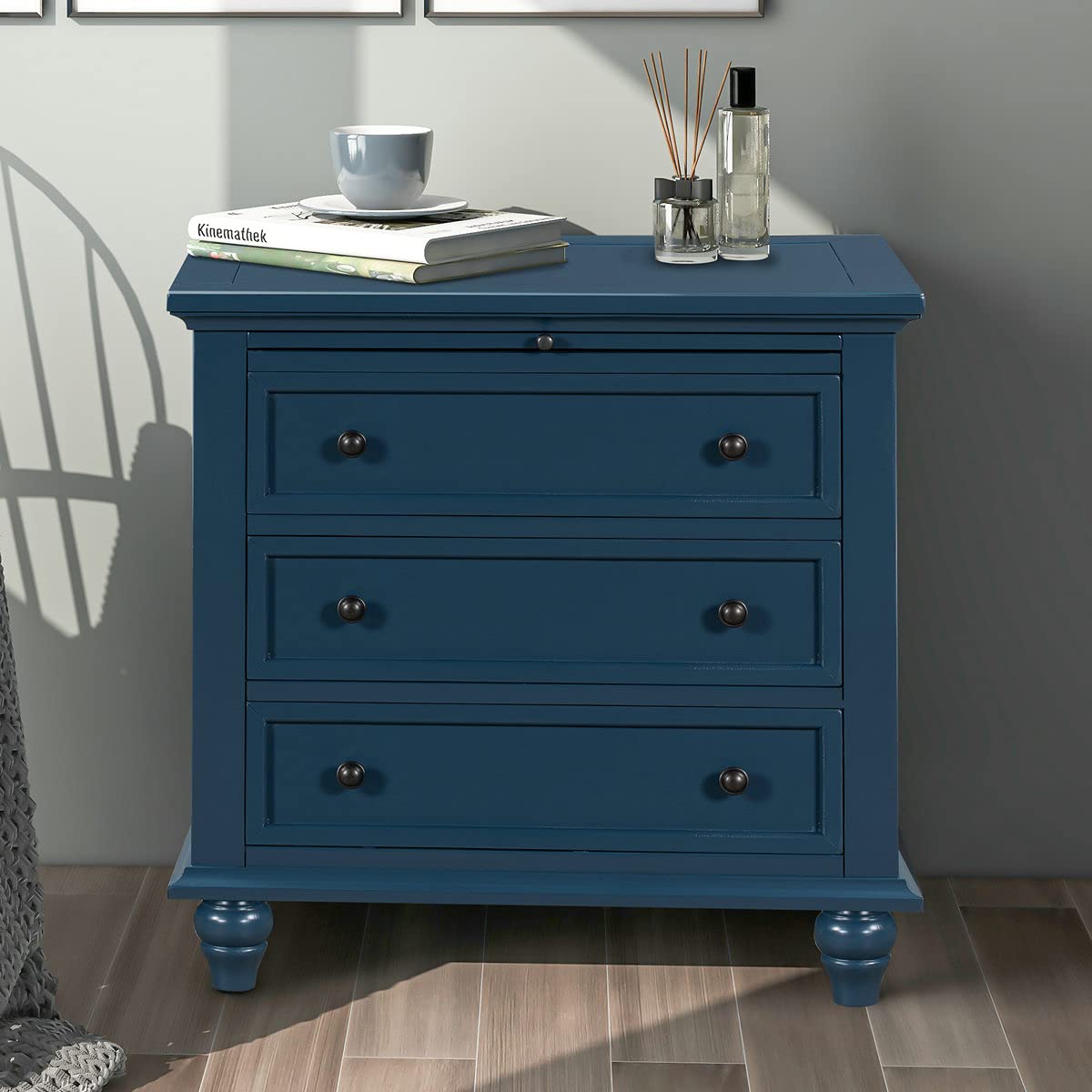 3-Drawer Wood Nightstand with Pull-Out Tray - Solid Wood End Table & Storage Cabinet for Bedroom, Living Room, or Entryway - Blue Finish for Modern Home Decor