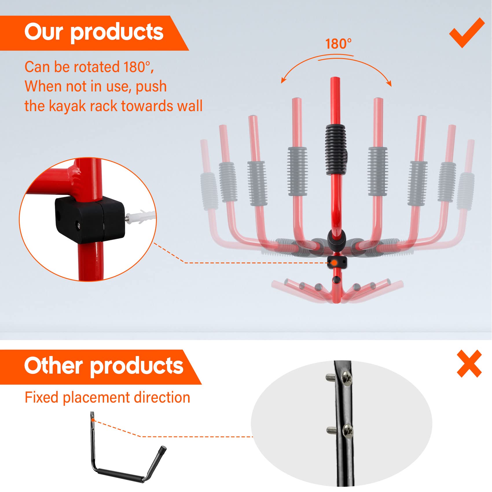 TC-HOMENY Red Wall Mount Kayak Storage Rack - Heavy Duty Folding Kayak Hanger & Ladder for Indoor/Outdoor Use - Perfect for Garage, Shed, or Boat House Organization