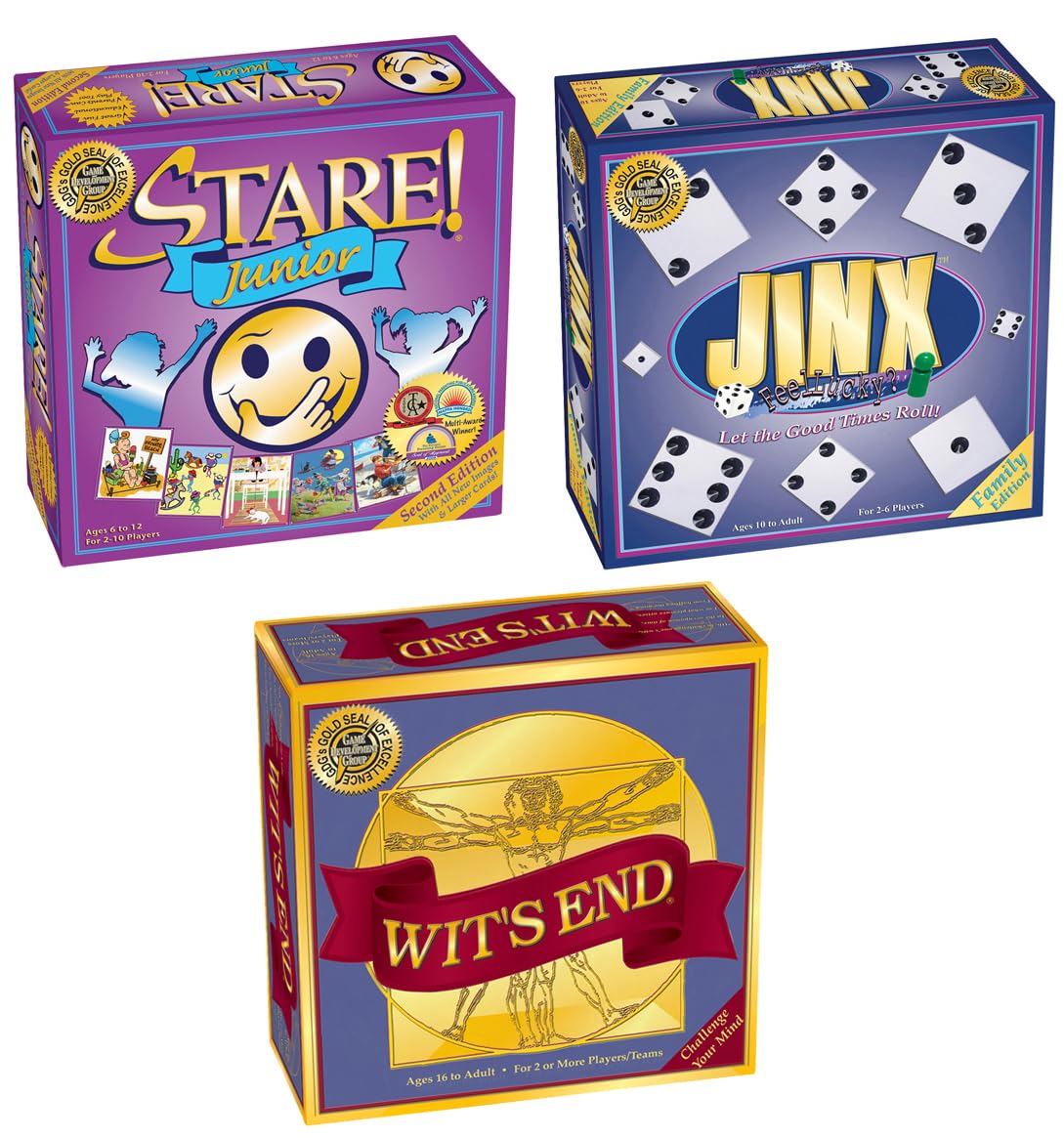 Triple Play Family Board Game Bundle - Stare Junior, Jinx & Wit's End for Kids & Adults | Fun Indoor Games for Family Night & Parties