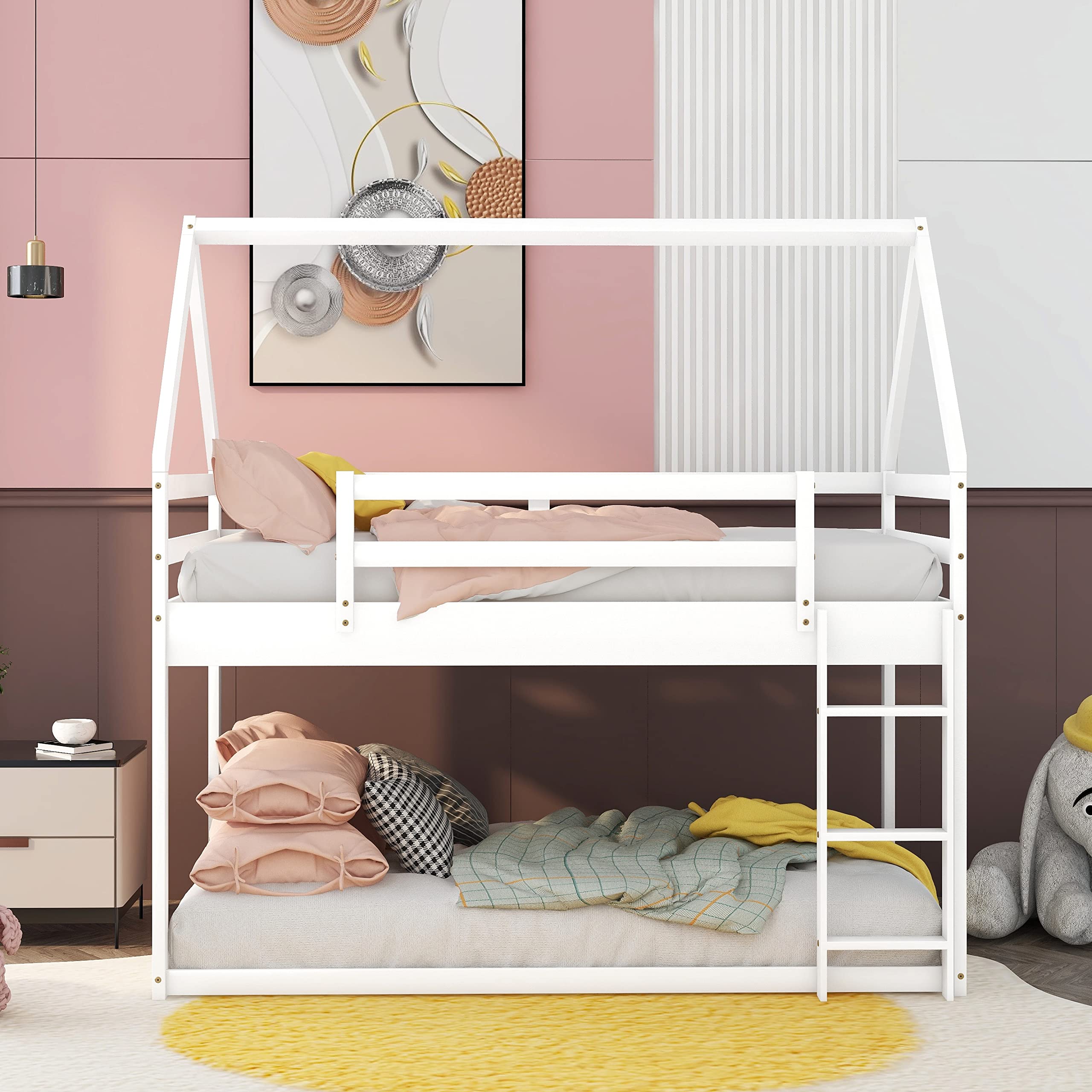 Wooden House Bunk Bed Twin Over Twin with Ladder - Kids Bunk Bed Frame for Boys & Girls - White Toddler Bunk Bed for Teens - Perfect for Small Bedrooms, Shared Kids Rooms & Space-Saving Sleep Solutions