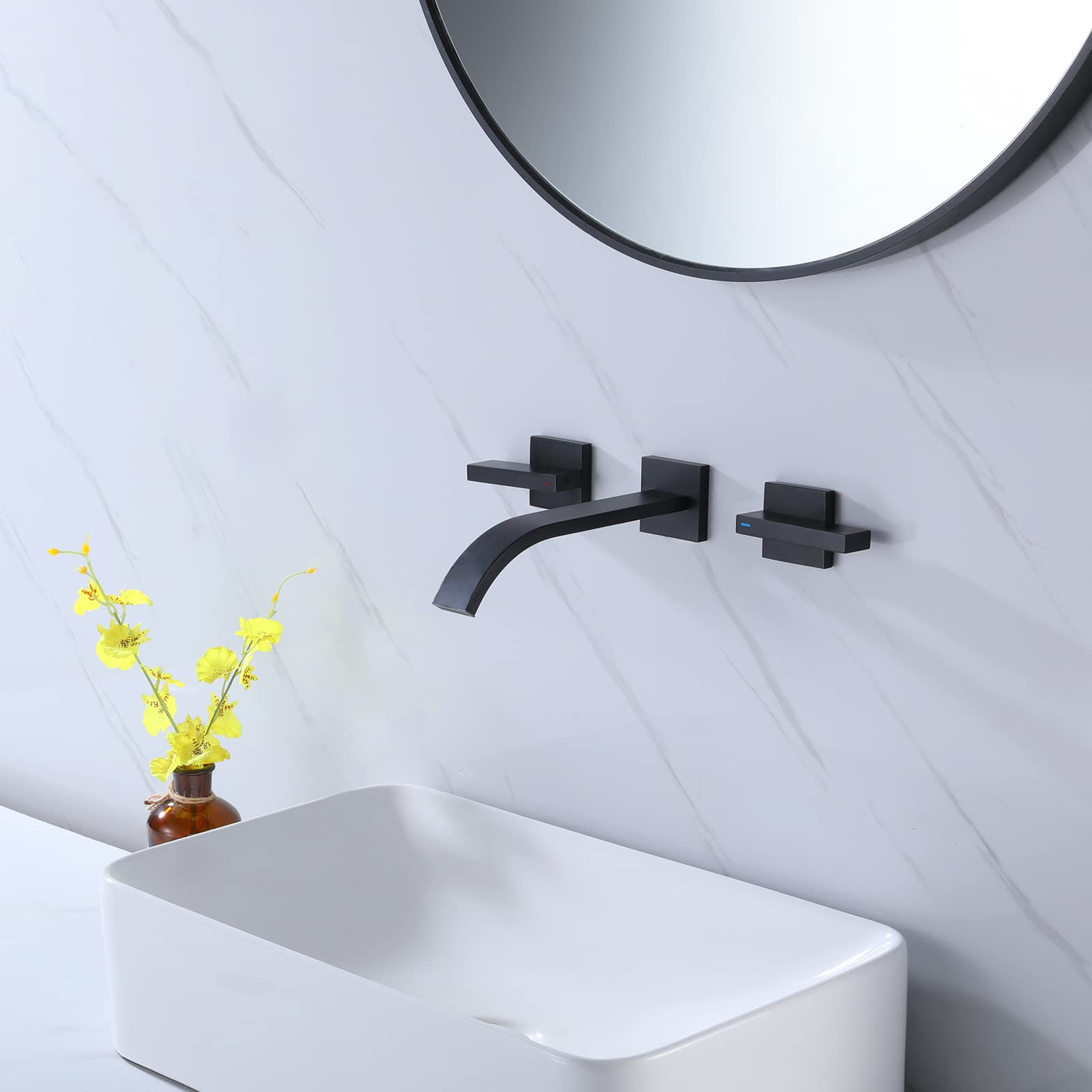 Brushed Brass Wall Mount Bathroom Faucet - Matte Black Sink Faucet with 2 Handles for Modern Bathrooms
