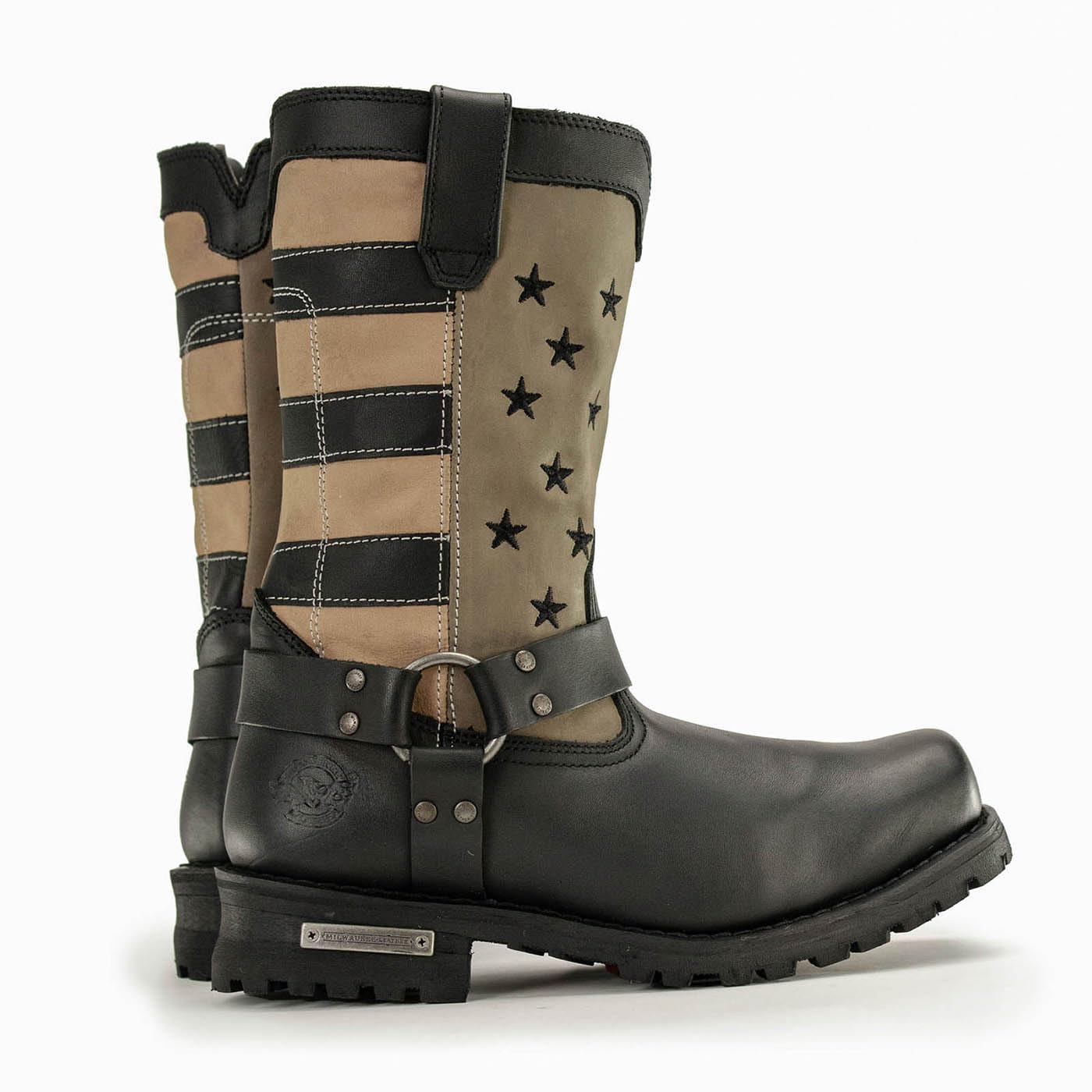 Milwaukee Leather Men's Stars and Stripes Black with Tan Motorcycle Boots - Harness Riding Boots for Men Size 7.5 (MBM9045) - Perfect for Cruising, Biker Events & Motorcycle Rides