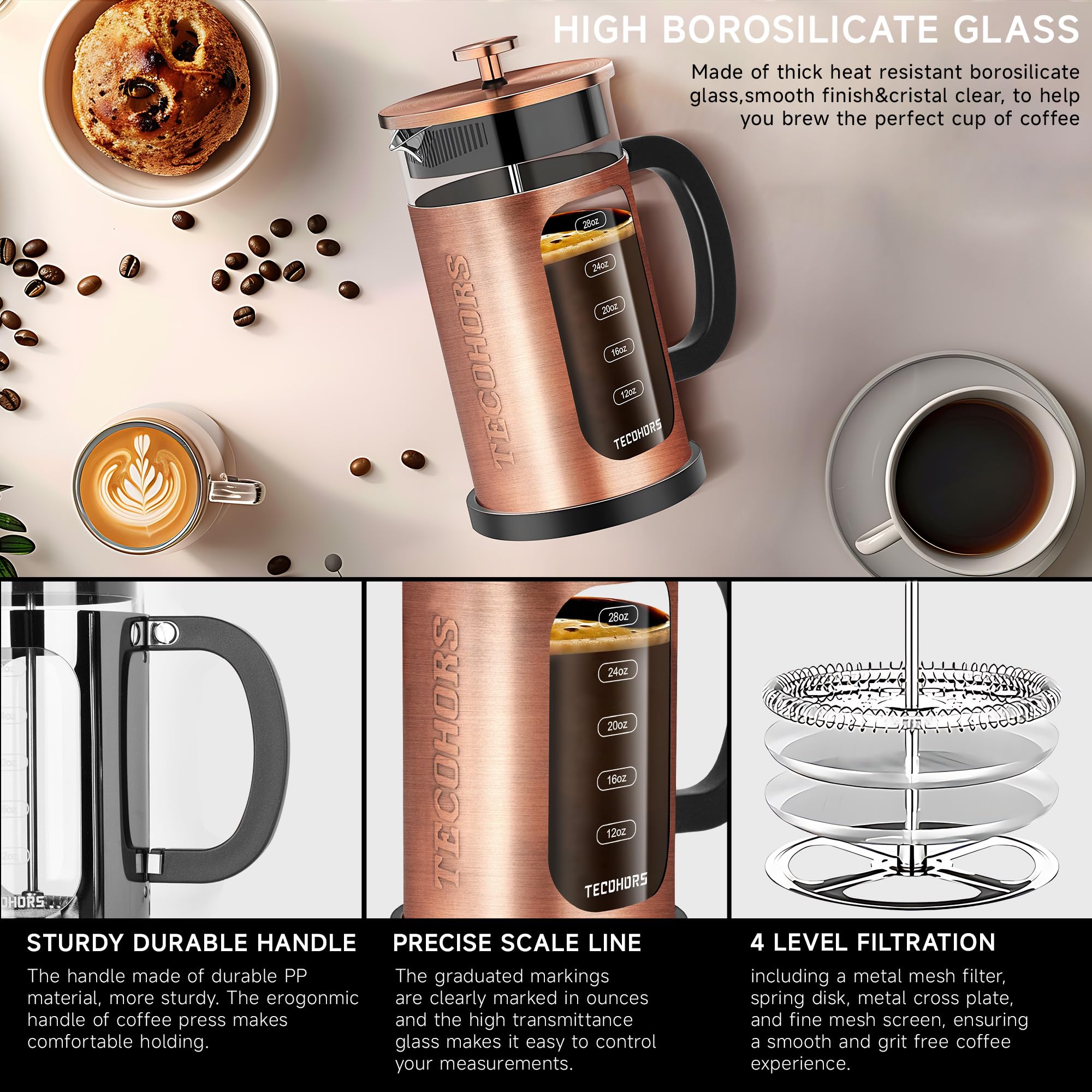 Premium 34oz French Press Coffee Maker - 304 Stainless Steel with 4 Filters, Heat-Resistant Borosilicate Glass - Perfect for Home, Office & Camping Coffee Brewing (Copper)
