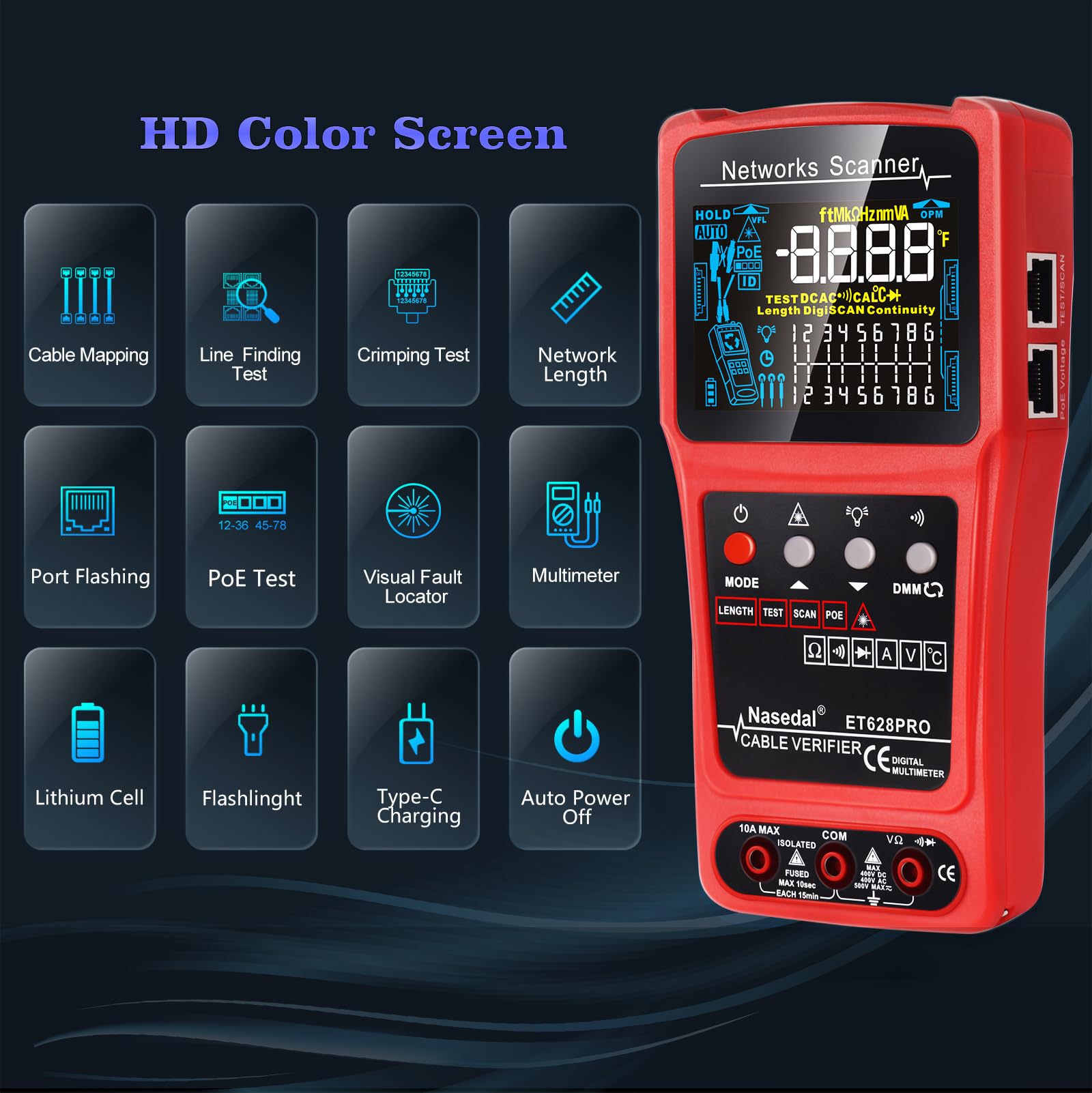 Professional 3-in-1 Network Cable Tester - Ethernet Tester, Wire Tracker & Tone Generator for RJ45/RJ11/BNC (CAT5/CAT6/CAT7/CAT8) with PoE Test, Cable Length Measurement & Port Flash - Includes 3 Remote Testers - Perfect for IT Professionals, Network Installations & Home Office Setup