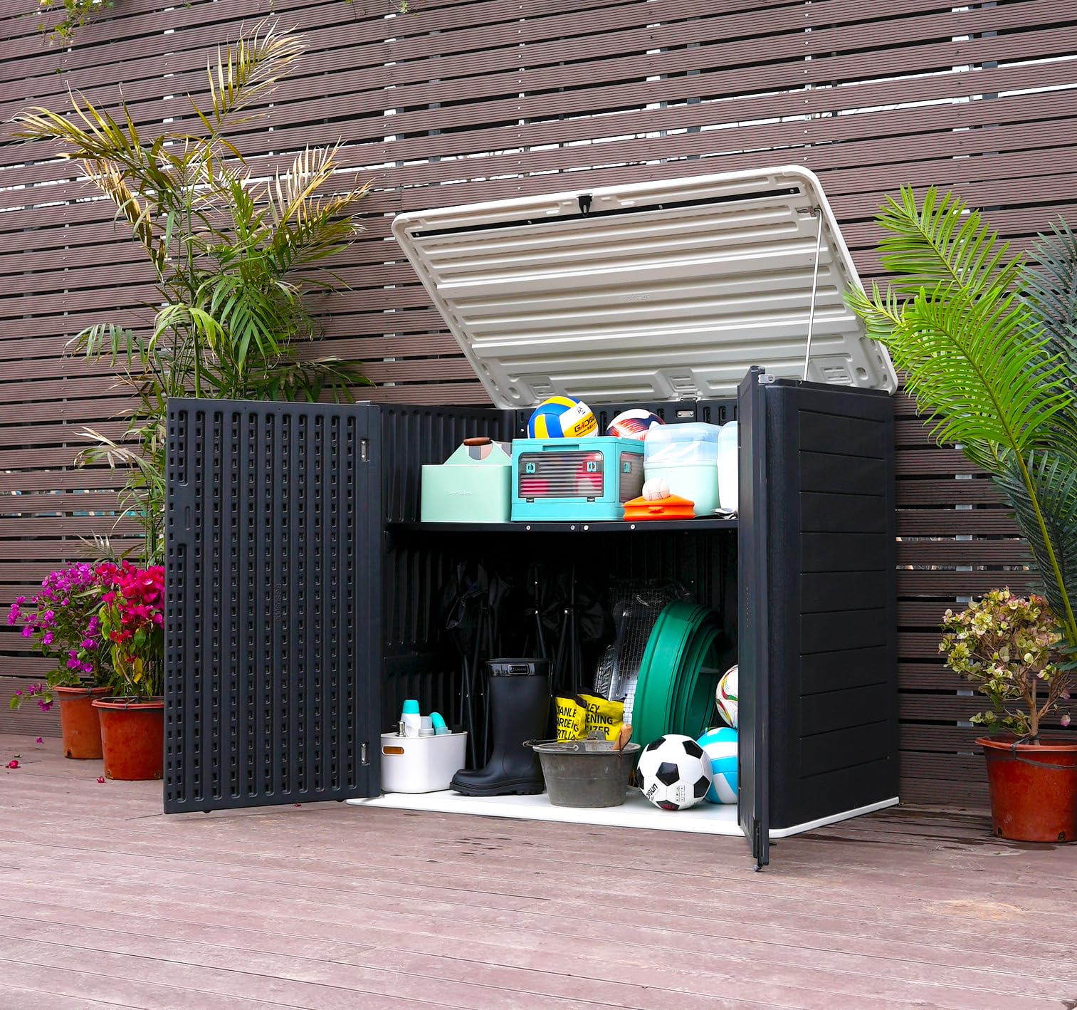 ADDOK 38 Cuft Large Outdoor Storage Shed - Weatherproof & Waterproof Horizontal Garden Storage Box for Backyard, Patio & Lawn - Perfect for Bikes, Trash Cans, Lawn Mowers & Patio Tools - Ideal for Organizing Outdoor Equipment & Seasonal Items