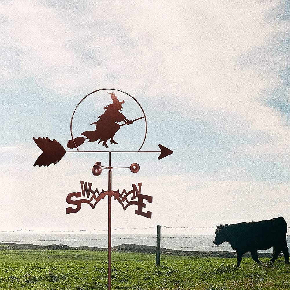 Cast Iron Witch on Broomstick Weathervane - Rustic Roof Mount Wind Direction Indicator for Garden, Yard & Home Decor | Perfect for Halloween, Witch-Themed Parties & Gothic Outdoor Decorations