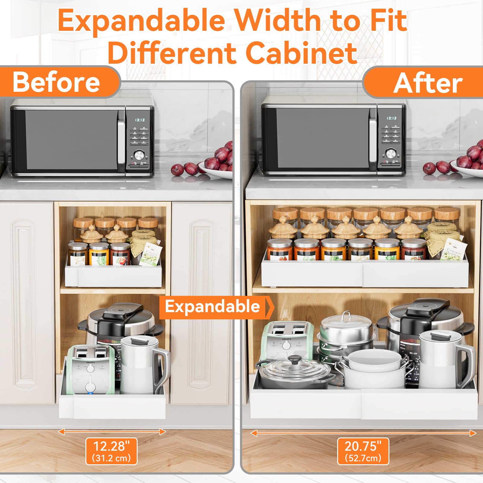 Expandable Pull Out Cabinet Organizer - Slide Out Kitchen Drawer with 4 Adjustable Dividers for Pantry, Bathroom & Under Sink Storage (12.2