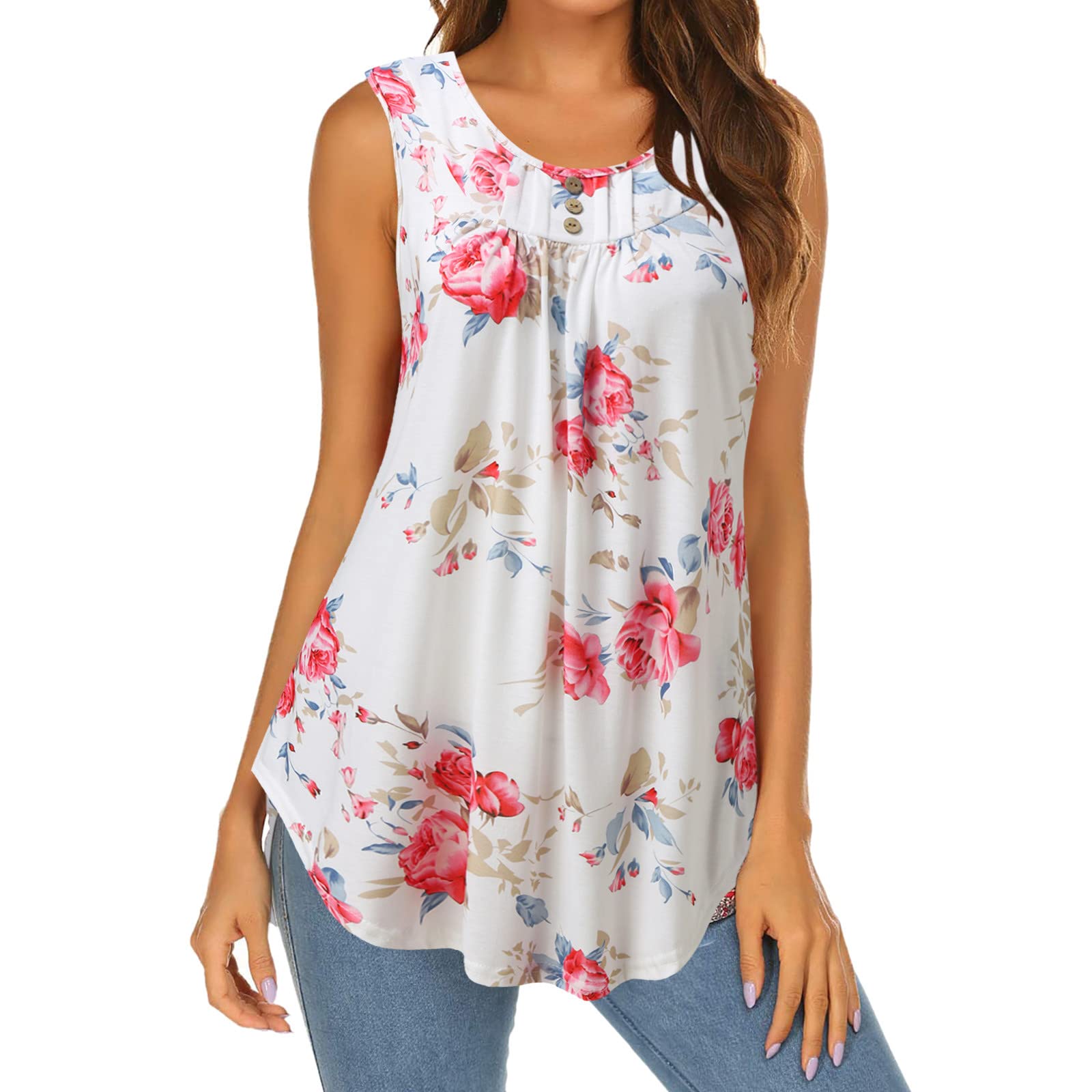 Women's Cropped Tank Tops - Summer Floral Print Button-Up Pleated Sleeveless Shirts | Crew Neck Ethnic Tunic Tops for Casual Wear, Beach Outfits & Festival Fashion (White, Medium)