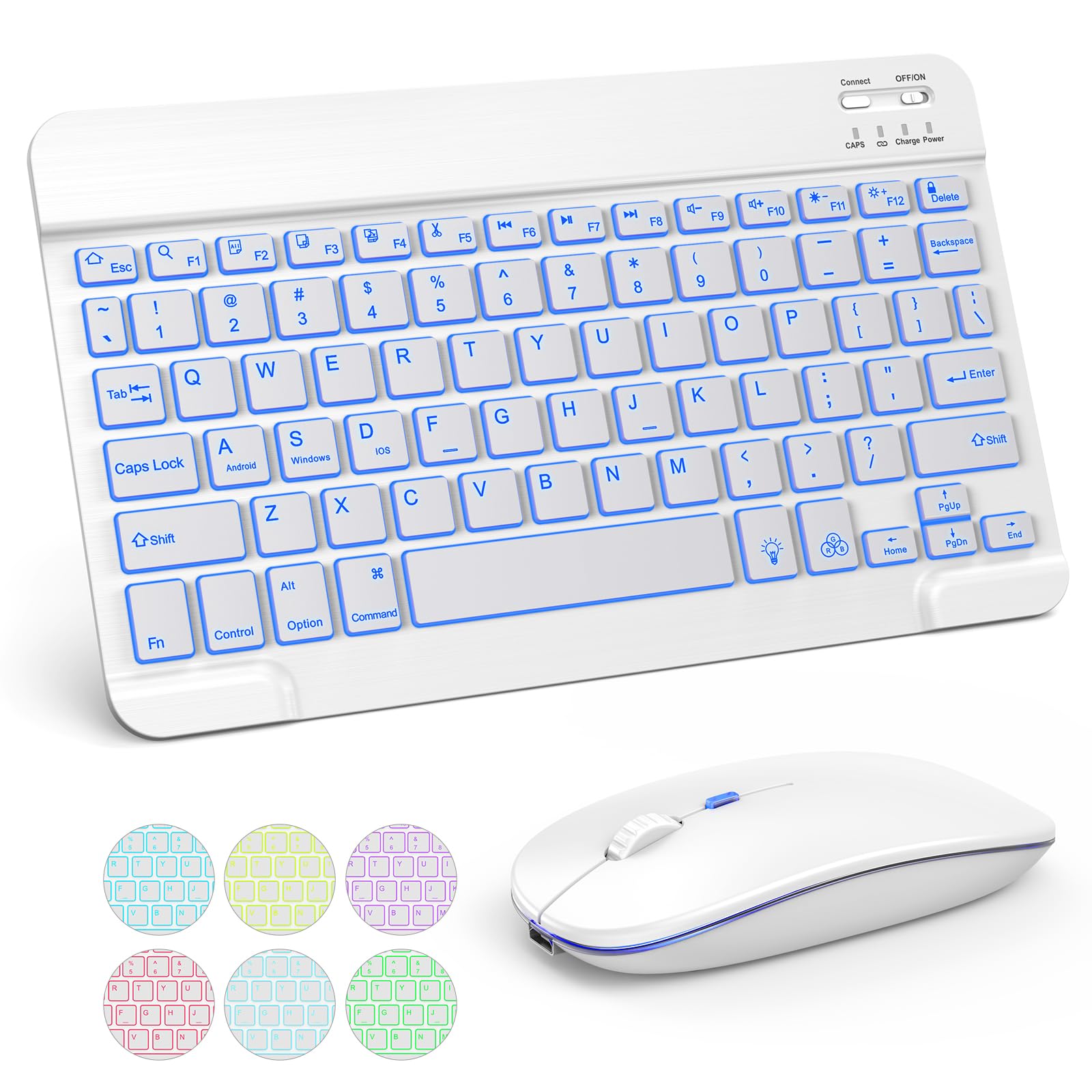 TECURS Wireless Bluetooth Keyboard and Mouse Combo - 7-Color Backlit Rechargeable for iPad 10th/9th/8th Gen, iPad Pro/Air/Mini (iPadOS 13+) - White Grey - Perfect for Home Office, Remote Work & iPad Productivity
