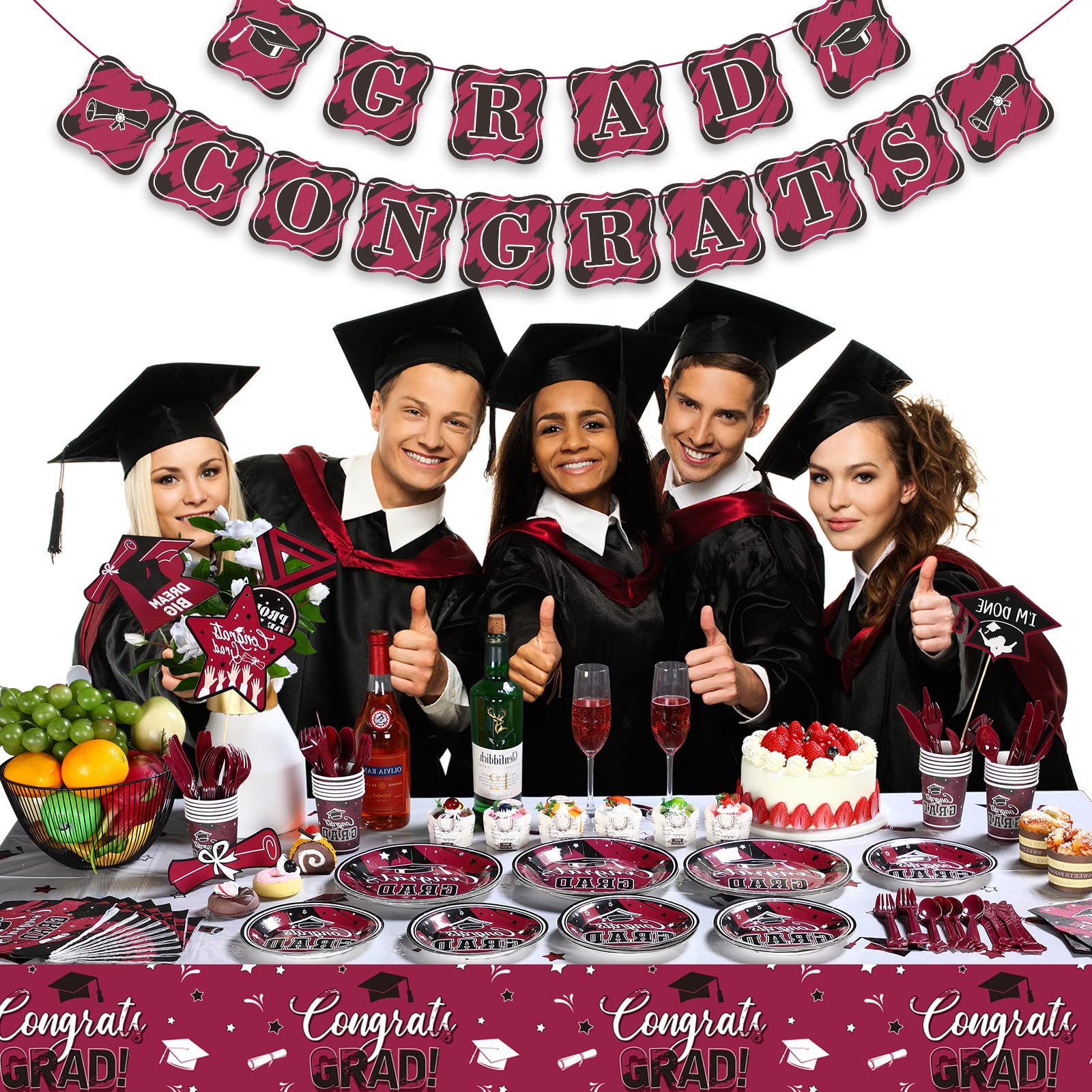 Yisong 2025 Graduation Party Supplies Kit - 24-Piece Disposable Dinnerware Set with Plates, Napkins, Cups, Cutlery & Decorations for College & High School Graduation Celebrations (Maroon) - Perfect for Graduation Dinners, Open Houses & Commencement Parties