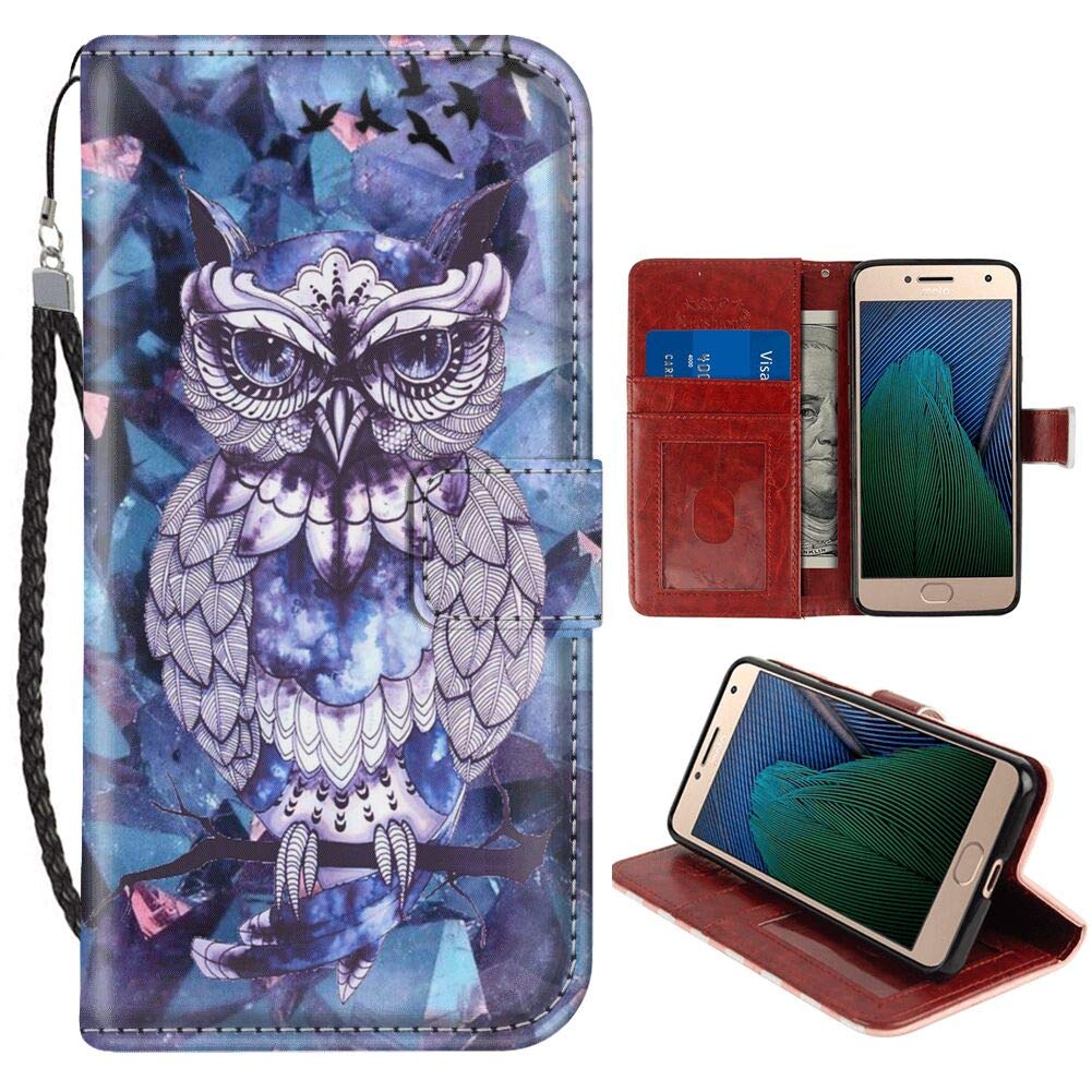 Premium PU Leather Wallet Case for Moto G5 - Purple Owl Design with Card Slots, Kickstand & Wrist Strap | Protective Phone Cover for Everyday Use, Travel & Business