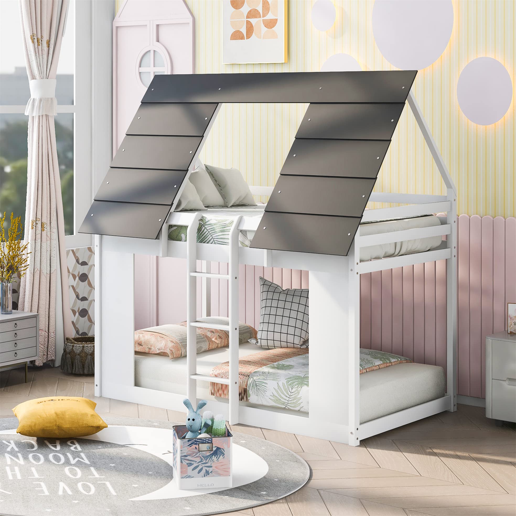 Twin Over Twin Bunk Bed with Roof & Built-in Ladder - Low Profile Kids & Teens Bunk Bed - Easy Assembly Light White & Gray - Perfect for Small Bedrooms, Dorm Rooms & Sleepovers
