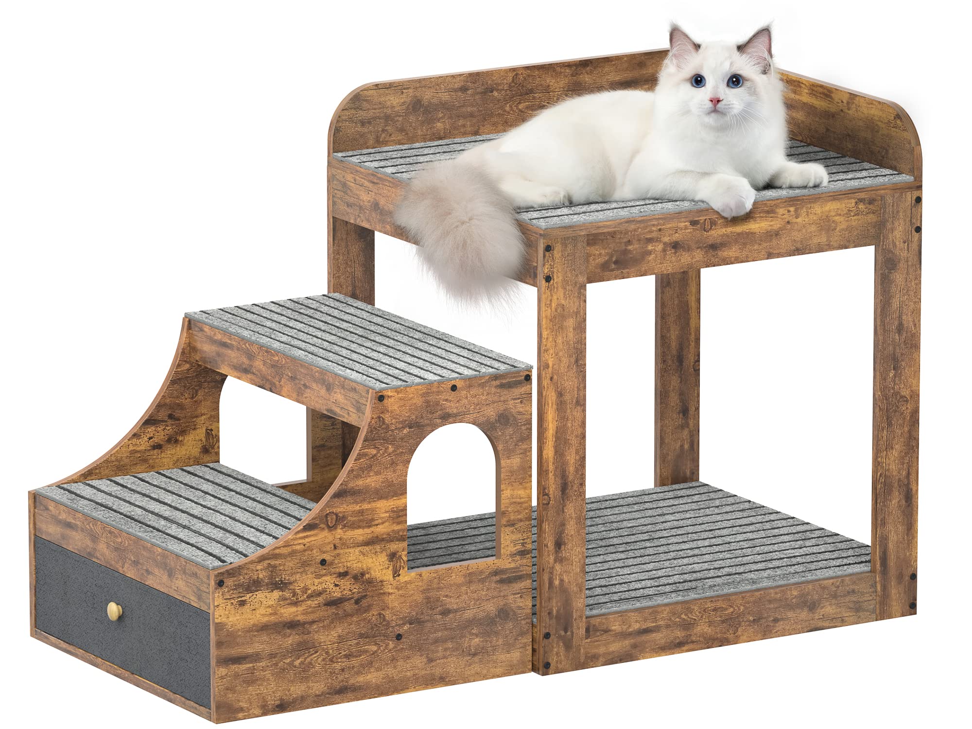 Cyclysio Super Large Pet Window Perch with Stairs - Multi-Level Cat Bunk Bed with Mats & Drawers - Rustic Pet Bed Couch for Cats - Perfect for Bedside, Living Room & Indoor Use - Cozy Spot for Napping, Sunbathing & Watching Birds
