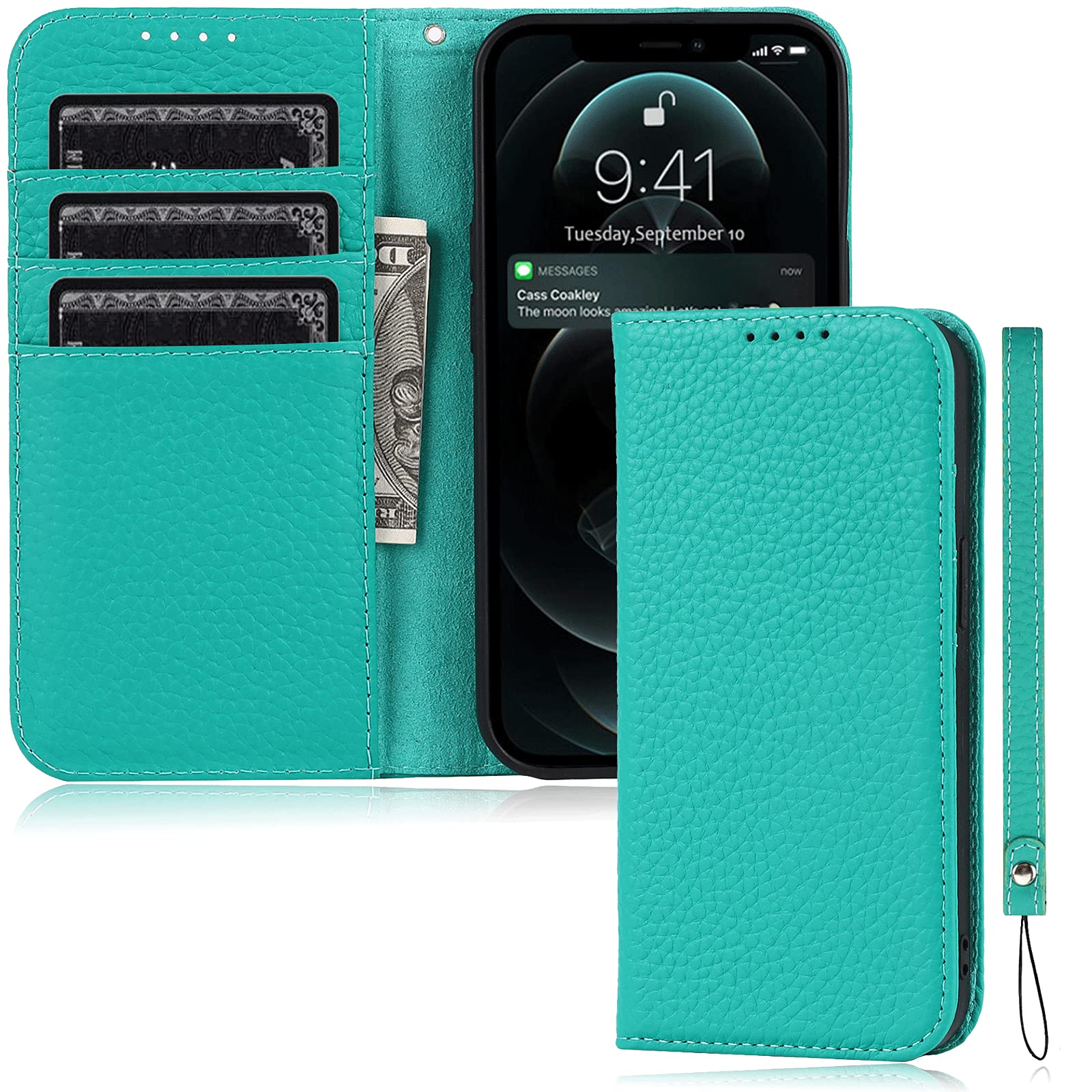 Premium FROLAN Flip Wallet Case for iPhone 13 Mini (5.4 Inch) - Luxury Cow Leather with Card Slots, Shockproof Drop Protection - Perfect for Business, Travel & Everyday Use (Green)