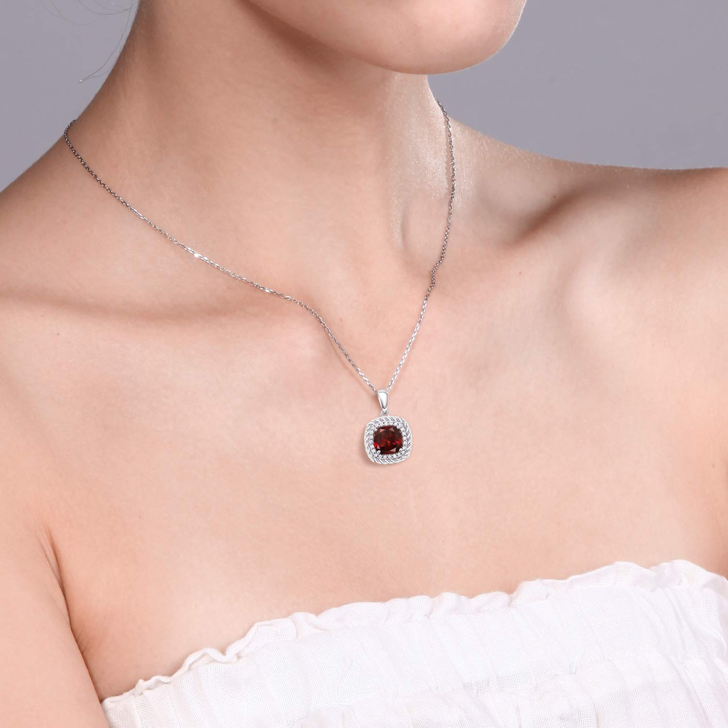 10K White Gold 7MM Cushion Cut Birthstone Pendant Necklace with Diamond Halo | Elegant Women's Jewelry Gift | Perfect for Anniversaries, Birthdays & Special Occasions | 18 Inch Chain