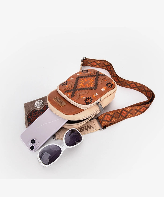 Wrangler Aztec Embroidered Whipstitch Sling Bag - Stylish Crossbody Purse for Women, Men | Perfect for Travel, Hiking & Everyday Use