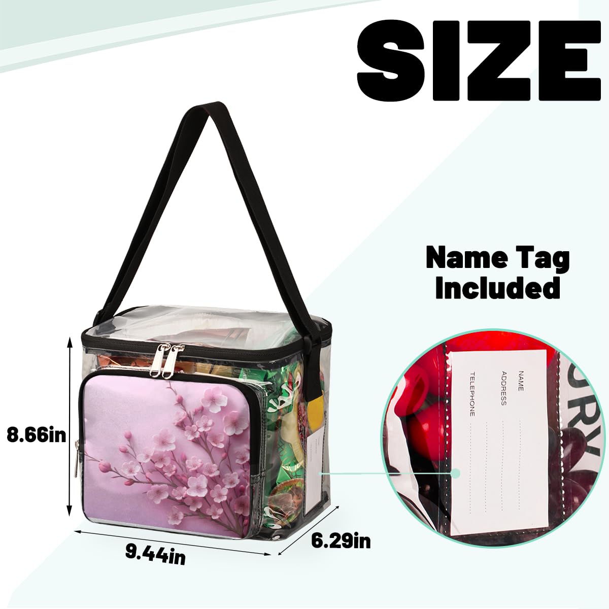 GzLeyigou Clear Transparent Tote Bag with Peach Blossom Floral Design - Crossbody Shoulder Bag for Women, Lunch Bag for Outdoor, Travel, Picnic, Concerts & Sports Events (Stadium Approved) - Perfect for Beach, Shopping, Music Festivals & Daily Use