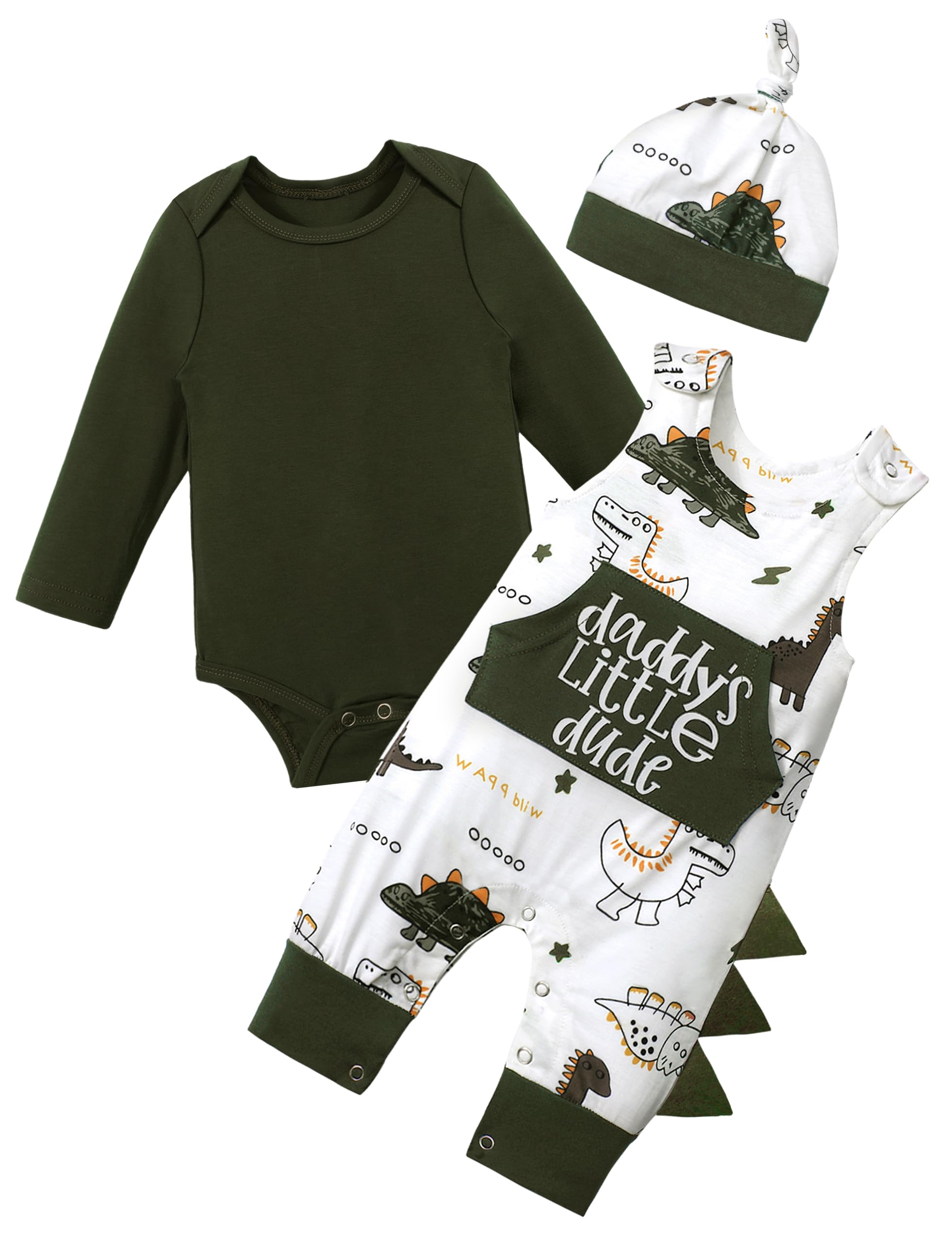 3-Piece Baby Boy Outfits Set - Dinosaur Romper with Long Sleeves & Hat | Cute Newborn Clothes for Boys | Perfect for Playtime, Photo Shoots & Daily Wear