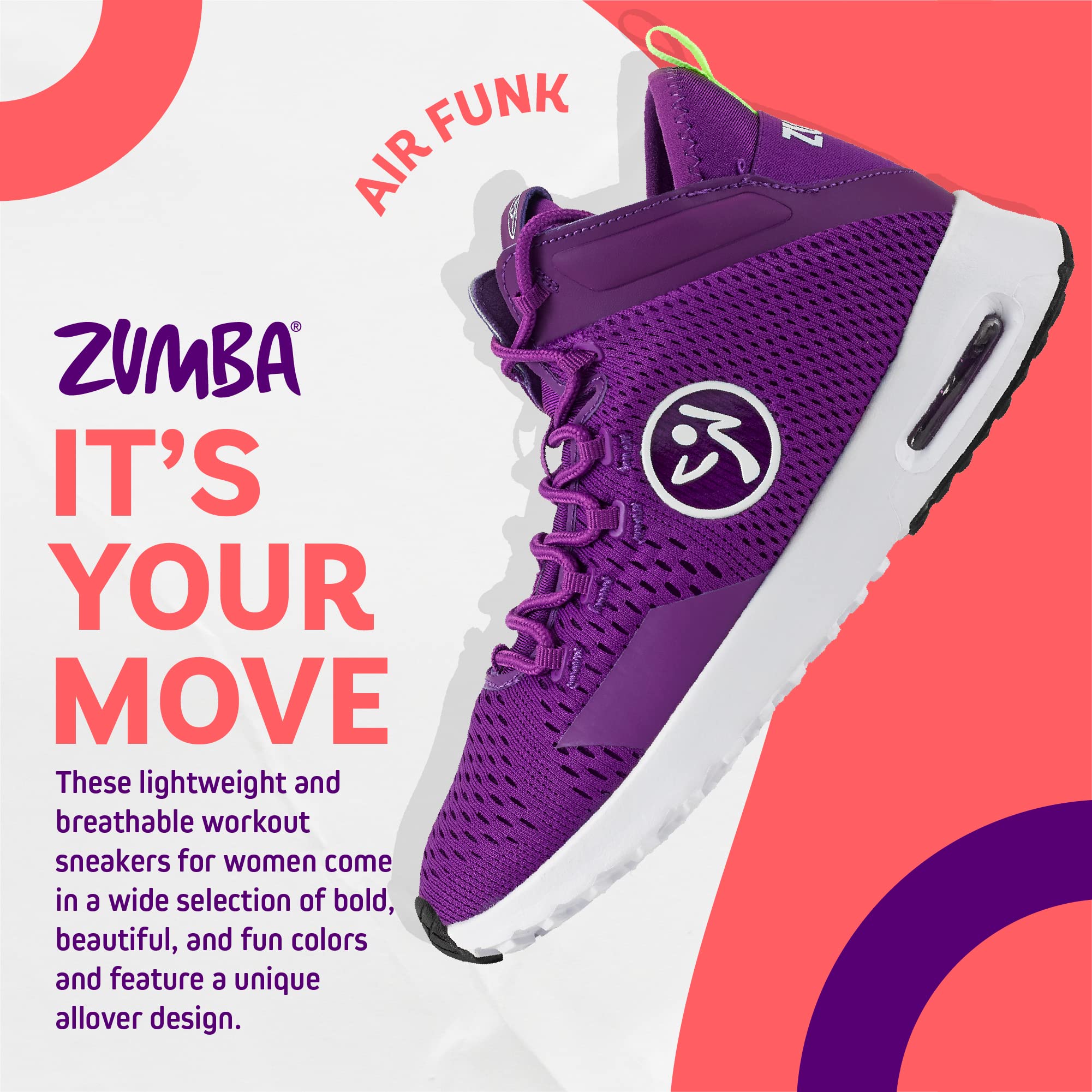 ZUMBA Air Funk Women's Dance Shoes - Mid-Top Fitness Sneakers for Zumba, Aerobics & Dance Workouts | Lightweight & Breathable for Gym & Studio Use