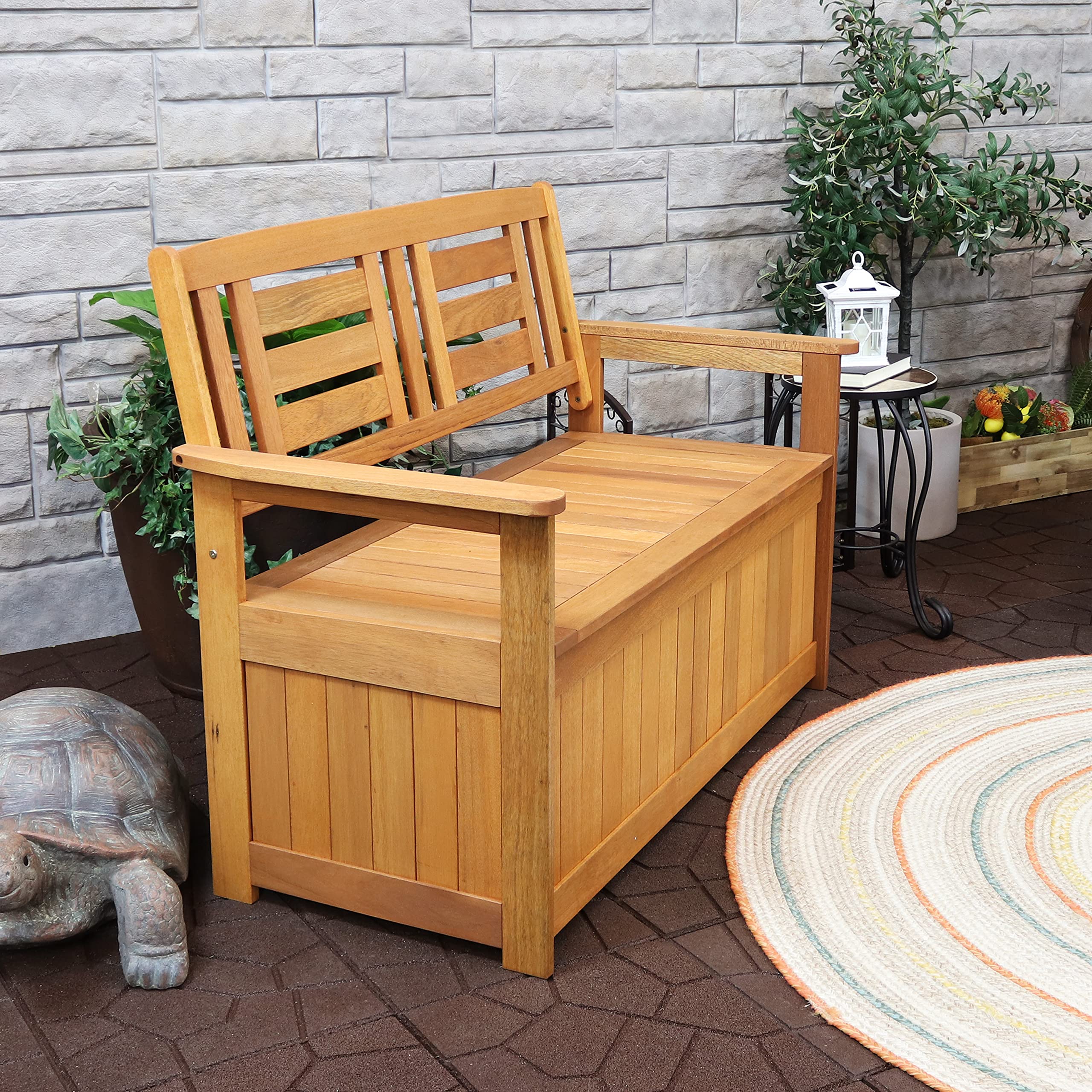 51-Inch Meranti Wood Outdoor Storage Bench with Teak Oil Finish - Weatherproof Patio Furniture for Garden, Deck, and Backyard Seating & Storage