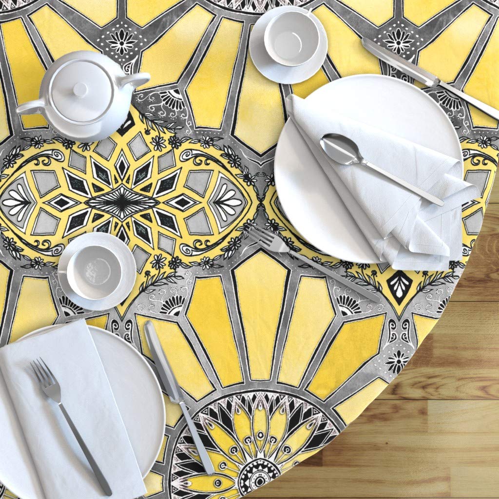 Yellow Watercolor Art Deco Lemon Geometric Print Cotton Sateen Tablecloth - 90 Inch Round Dining Table Cover for Parties, Weddings & Home Decor | Custom Table Linens