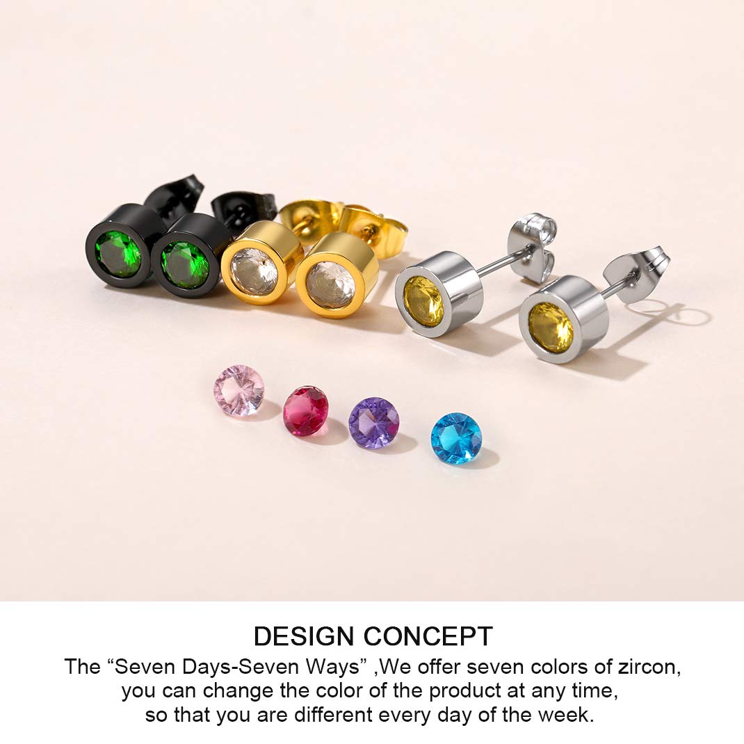 GoldChic Jewelry 5mm Cubic Zirconia Bezel Set Stud Earrings - 7 Pairs Stainless Steel Birthstone Earrings for Women, Interchangeable CZ Stone Studs | Perfect for Gifts, Parties & Everyday Wear