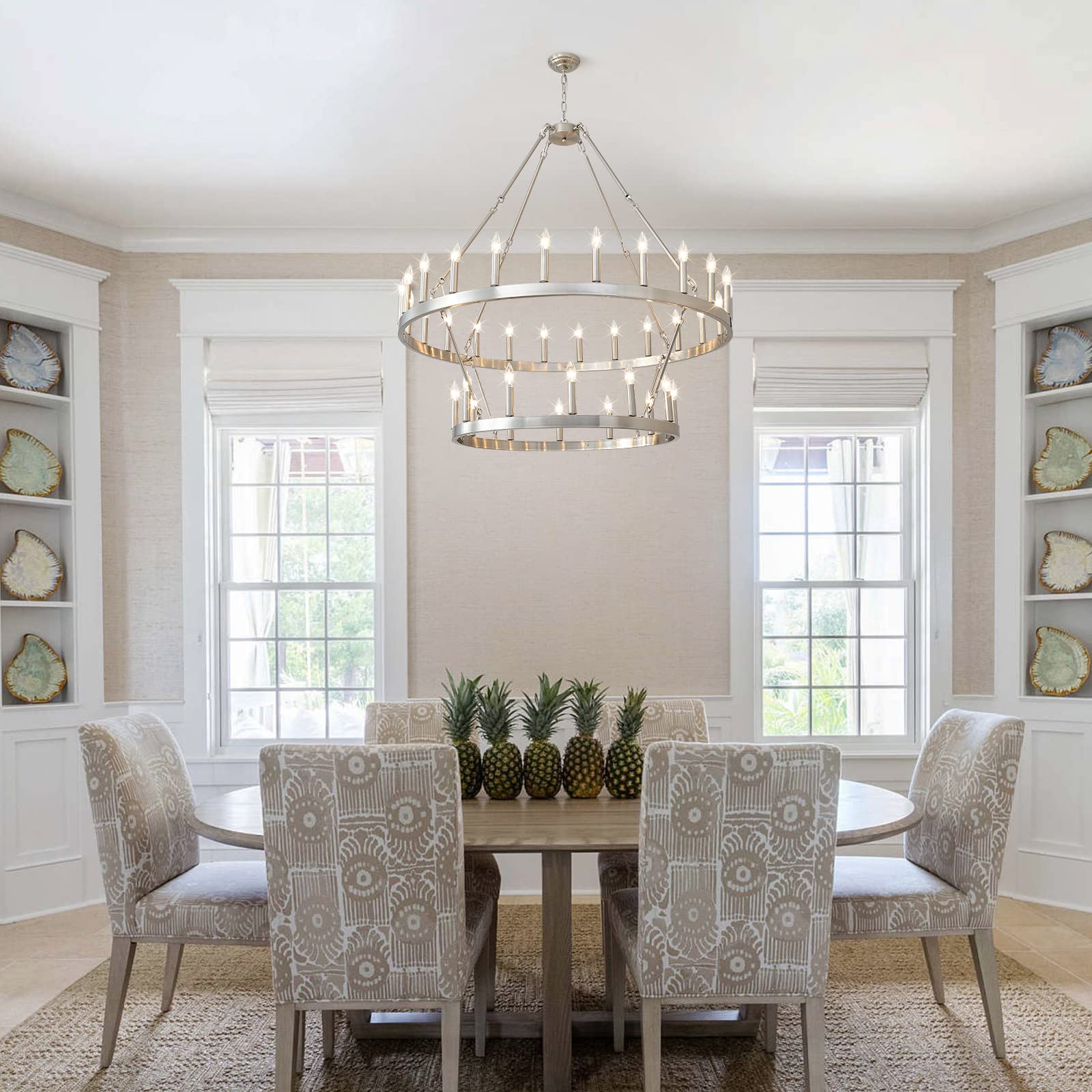 Extra Large 48 Inch HHR 2-Tier Wagon Wheel Chandelier - 36-Light Rustic Farmhouse Pendant Light in Nickel Finish for High Ceilings | Perfect for Dining Rooms, Living Rooms & Offices (E12 Base) | Creates Warm Ambiance for Farmhouse Weddings & Rustic Home Decor