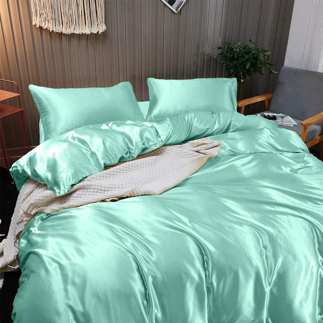 Luxury 7-Piece Silk Satin Sheet Set - Queen Size Cooling Bedding with Deep Pockets | Breathable, Wrinkle-Free & Ultra Soft | Hotel Quality Comforter Cover & Pillowcases | Perfect for Hot Sleepers & Luxury Bedroom Decor - Aqua Blue