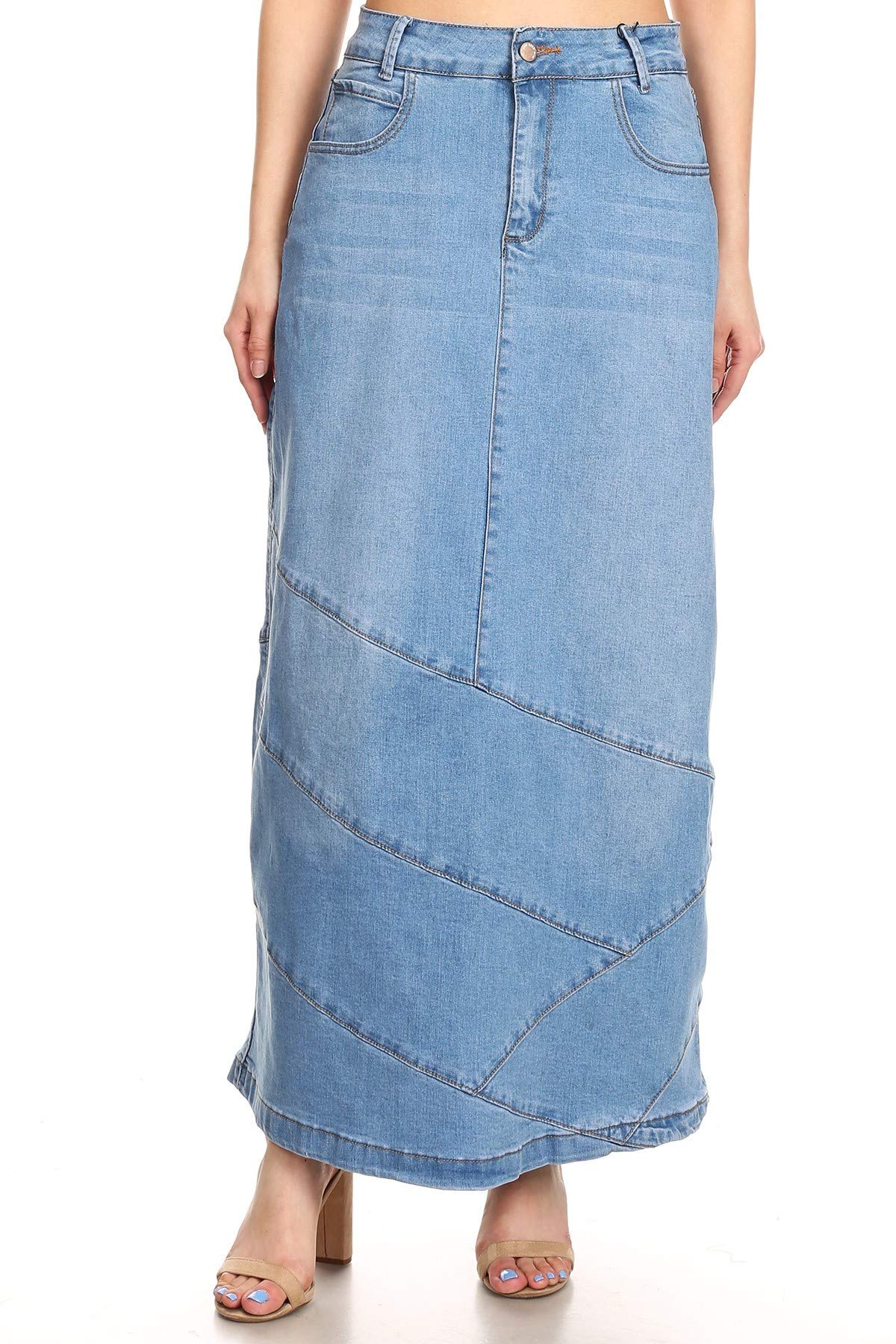 Plus Size High Rise Pencil Long Denim Maxi Skirt for Women - Stretchy Comfort Fit, Classic Blue Jeans - Perfect for Office, Date Night & Casual Outings
