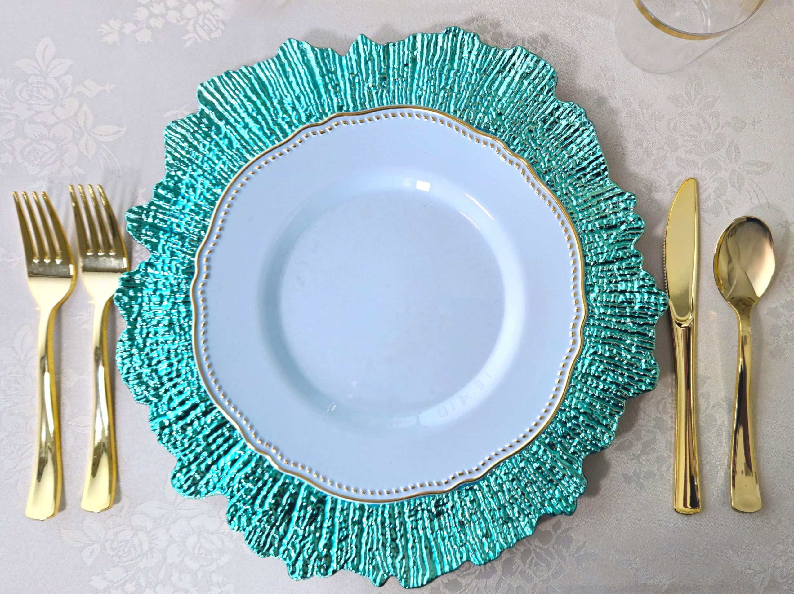 240-Pack Heavyweight Premium Disposable Plastic Plates Set - 120 x 10.25'' Dinner Plates & 120 x 7.5'' Salad/Dessert Plates (Rochelle Blue and Gold) for Parties, Weddings, and Events