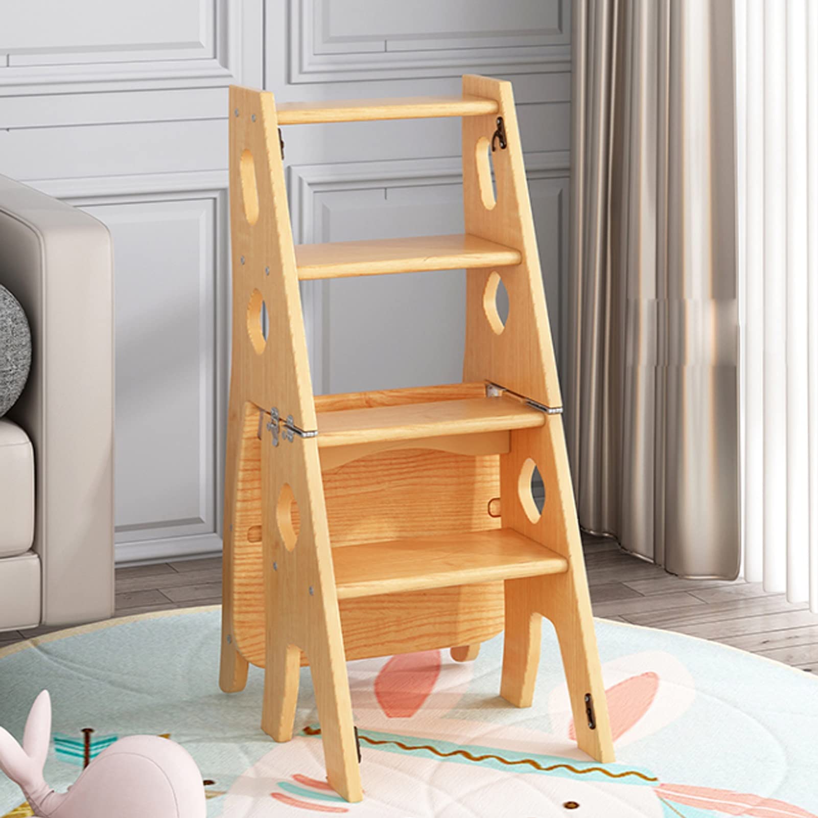 4-Step Wooden Step Stool Ladder with Foldable Design - Multifunctional Convertible Chair for Library, Shelf, and Storage - Perfect for Home, Office, and Kids' Use