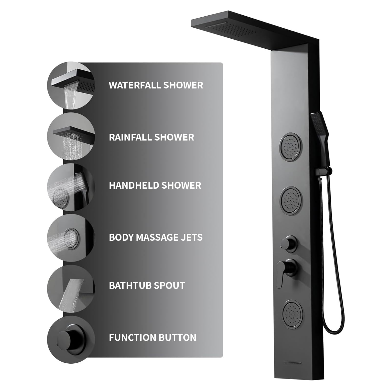 BWE 5-in-1 Stainless Steel Shower Panel System - Black Tower with Rainfall Shower Head, Waterfall Spray, Body Jets & Bathtub Spout | Luxury Bathroom Upgrade for Spa-Like Experience