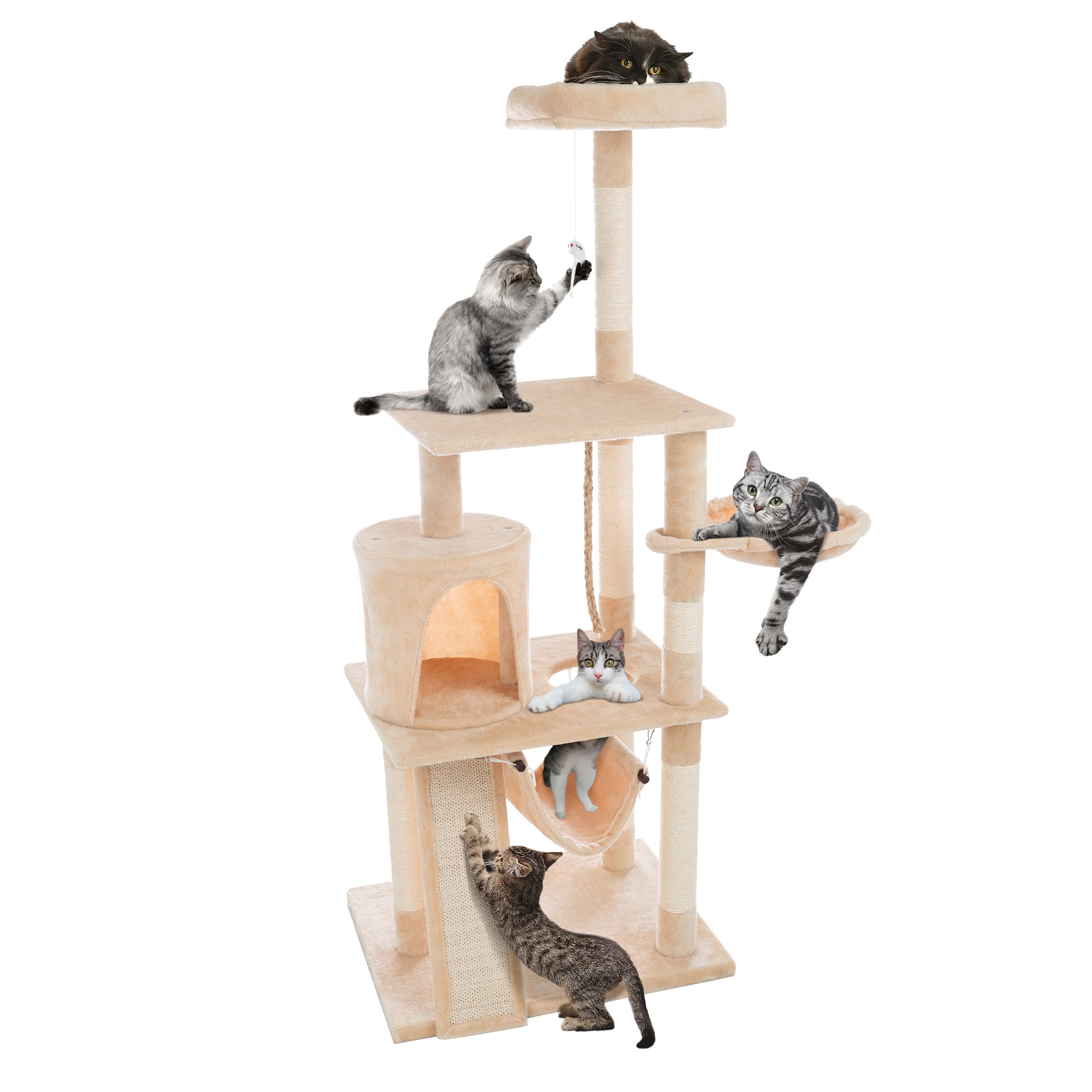 4-Tier Indoor Cat Tower with Scratching Posts, Perches, Condo & Toys - Multi-Level Cat Tree for Climbing, Scratching & Sleeping - Perfect for Small Spaces & Playful Cats - PETMAKER Beige Cat Furniture