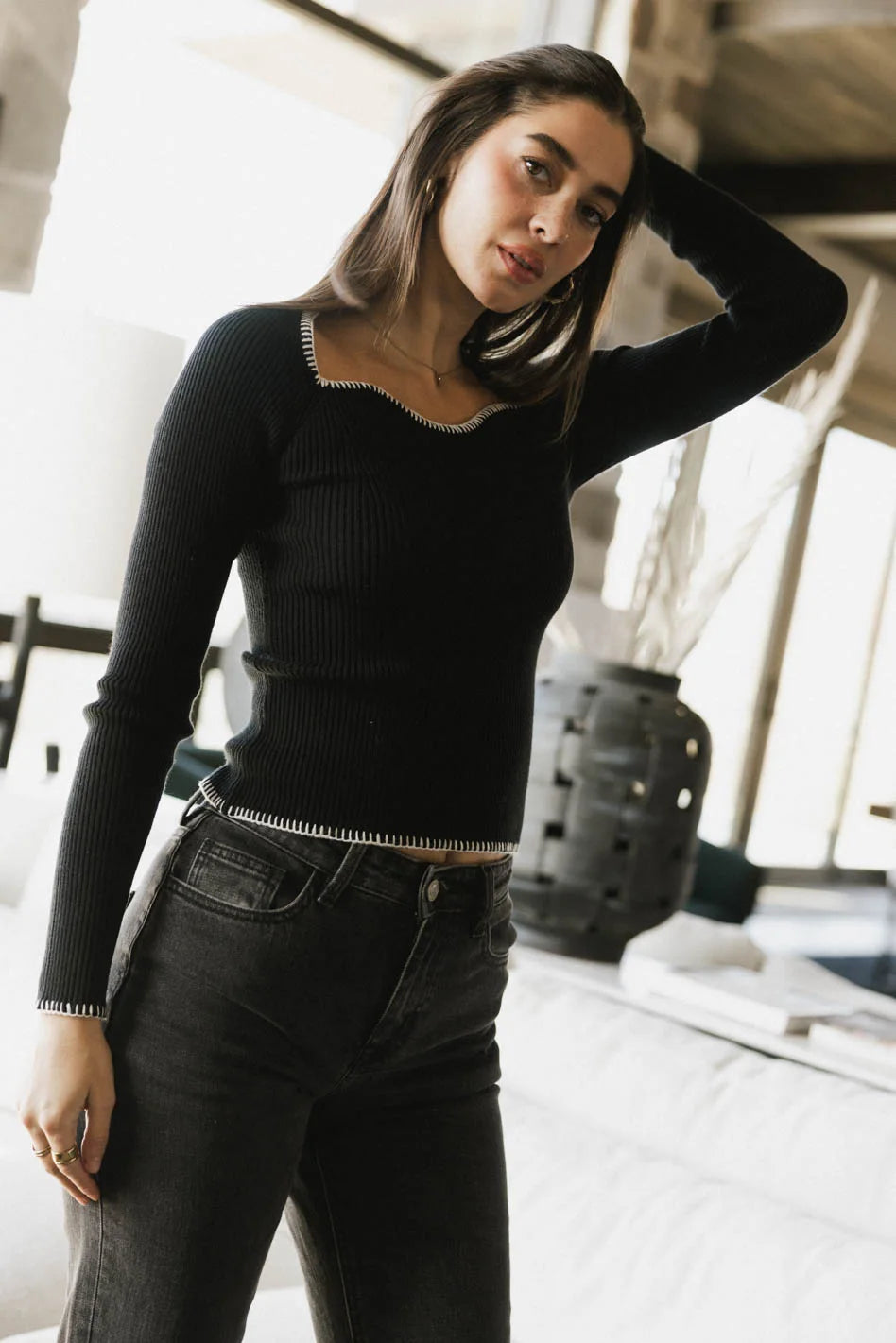 Black Hazel Ribbed Sweater for Women - Cozy Winter Knit Pullover for Casual Outfits & Office Wear
