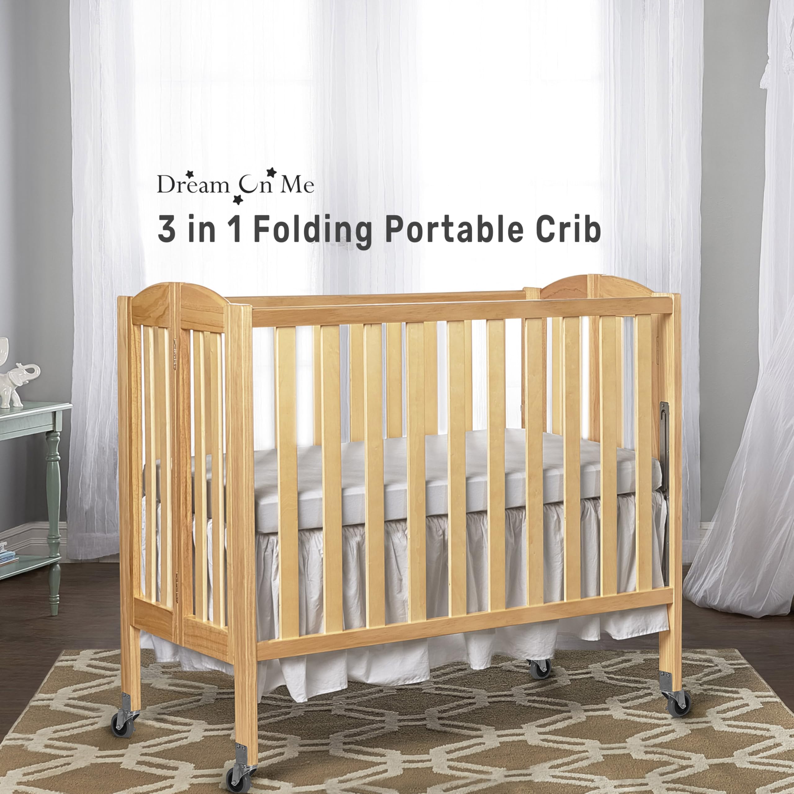 Dream On Me 3-in-1 Folding Portable Baby Crib - Convertible Bassinet & Playard - Natural Wood Finish - Large Size for Nursery, Travel & Bedroom Use