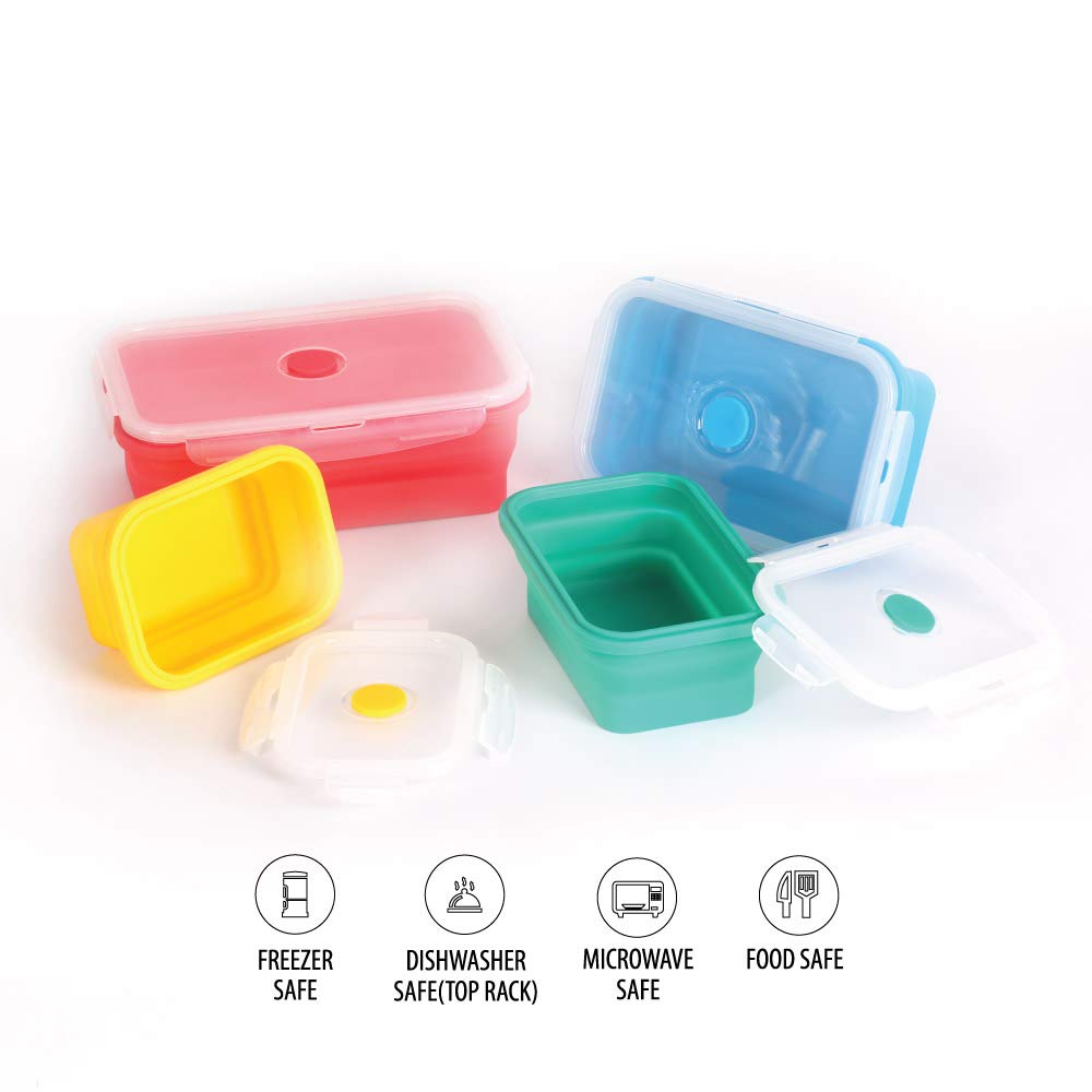 Deke Home - 4-Piece Collapsible Silicone Food Storage Container Set with Lids | BPA-Free, Airtight, Space-Saving | Microwave, Freezer & Dishwasher Safe | Perfect for Meal Prep, Lunch Box, Camping & Travel | Kitchen Organization & On-the-Go Food Storage