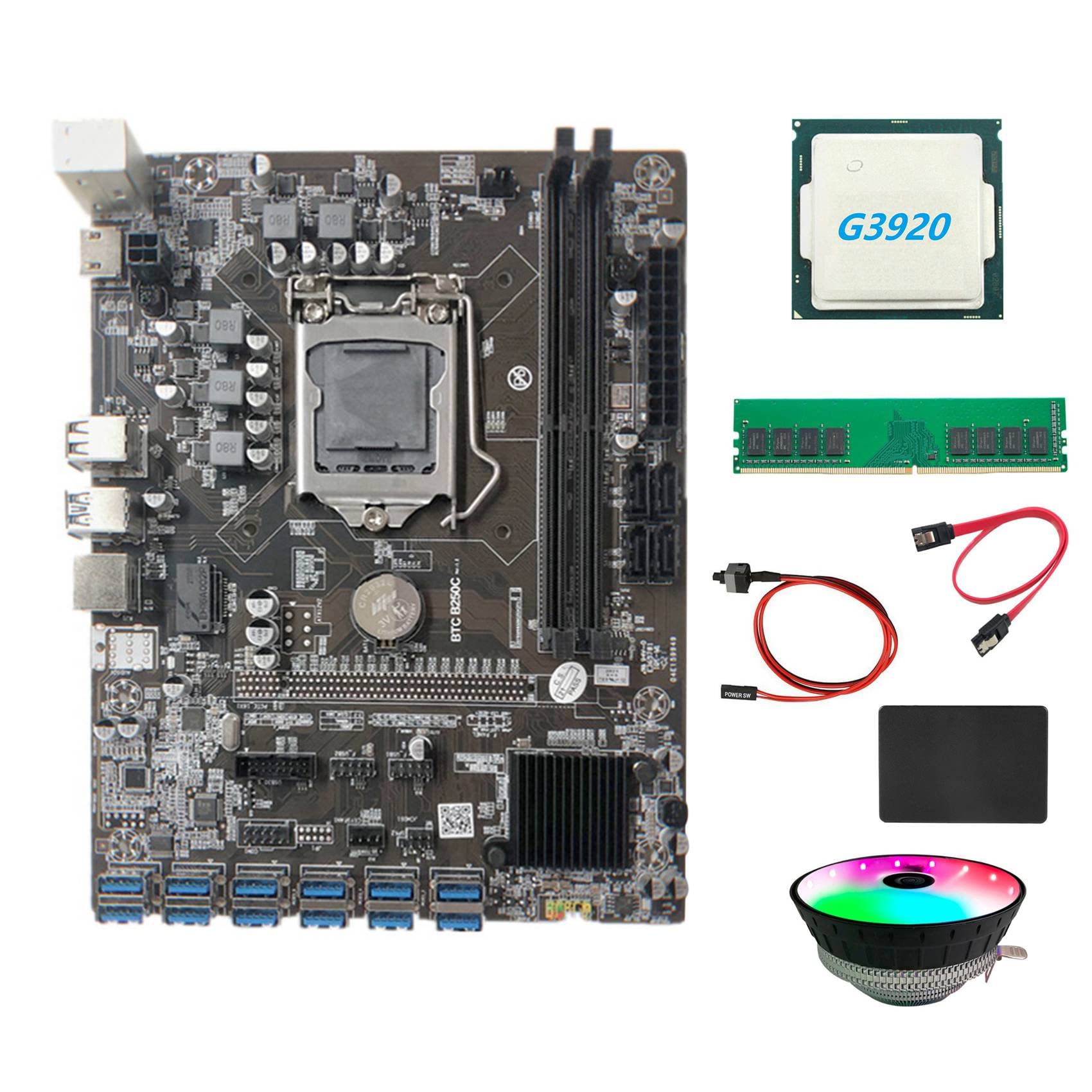 EVGA B250C Crypto Mining Motherboard Bundle - Intel G3920/G3930 CPU, RGB Cooling Fan, 4GB DDR4 RAM, 128GB SSD, 12x PCIE to USB 3.0 GPU Riser Cables - Perfect for Ethereum, Bitcoin & Altcoin Mining Rigs