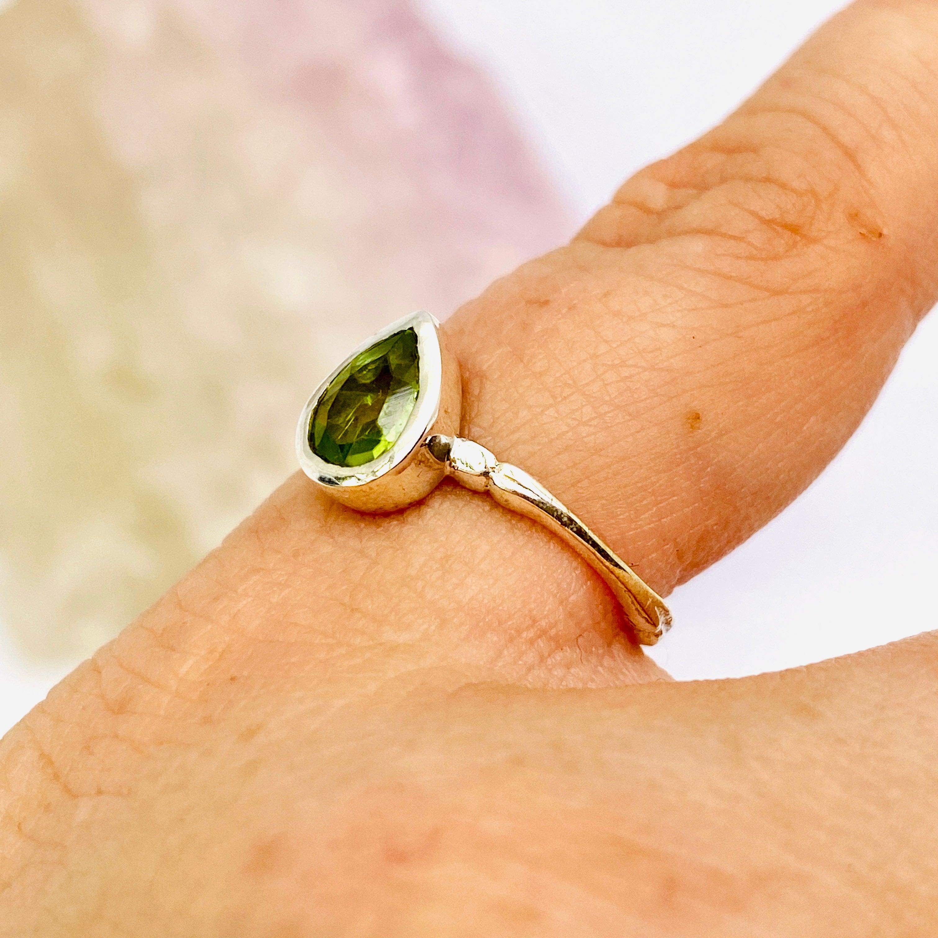 Peridot Faceted Teardrop Fine Band Ring - 925 Sterling Silver Dainty Jewelry for Women - Perfect for Weddings, Anniversaries & Everyday Elegance