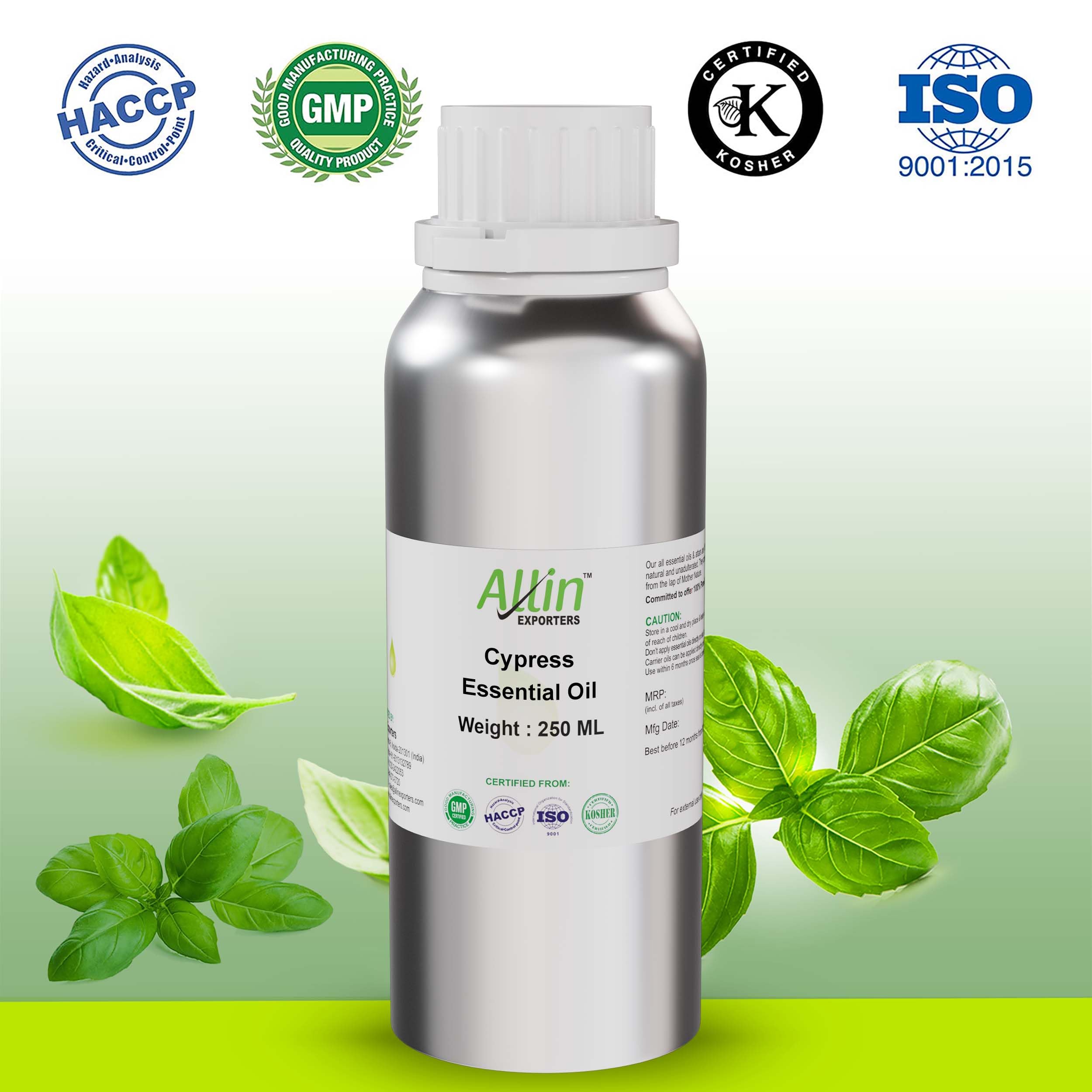 Pure Natural Undiluted Cypress Essential Oil for Skincare, Haircare & Aromatherapy - 250ml Therapeutic Grade Oil for Relaxation, Massage & Diffuser Use | Allin Exporters