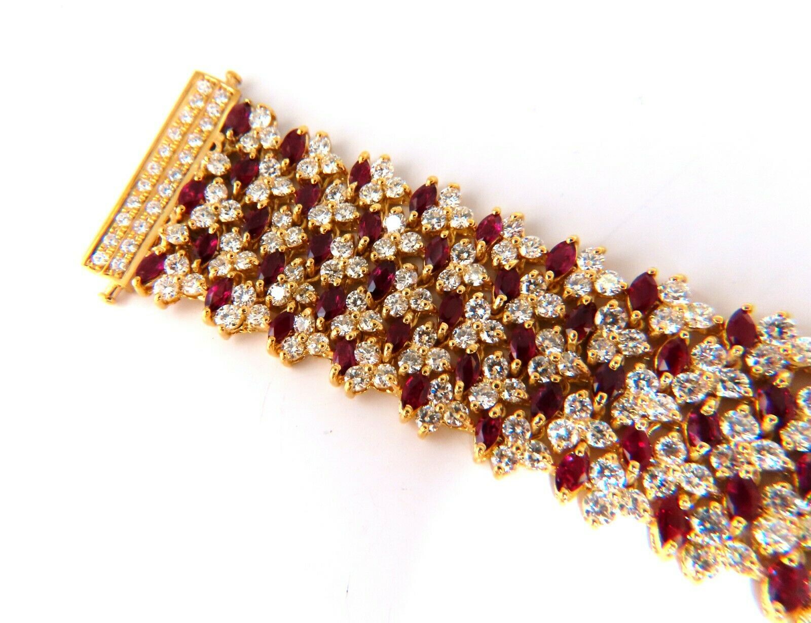 44.58ct Natural Ruby & Diamond Wide Cuff Bracelet in 14kt Gold Flex Mesh - Elegant Jewelry for Weddings, Parties & Special Occasions