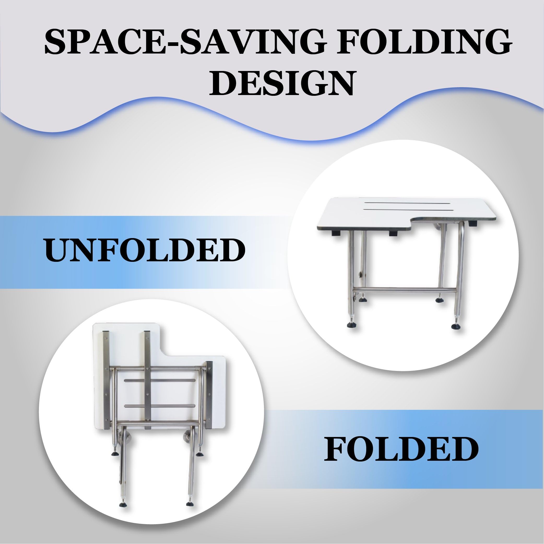 **Heavy Duty ADA Shower Chair with Legs - 400lbs Capacity, 304 Stainless Steel Frame - Folding Shower Seat for Elderly & Disabled (18”x16”) - Wall Mounted or Freestanding - Ideal for Bathroom Safety & Accessibility**    *(Use Case: Perfect for seniors, disabled individuals, or post-surgery recovery, providing secure seating in showers, bathtubs, or wet rooms.)*