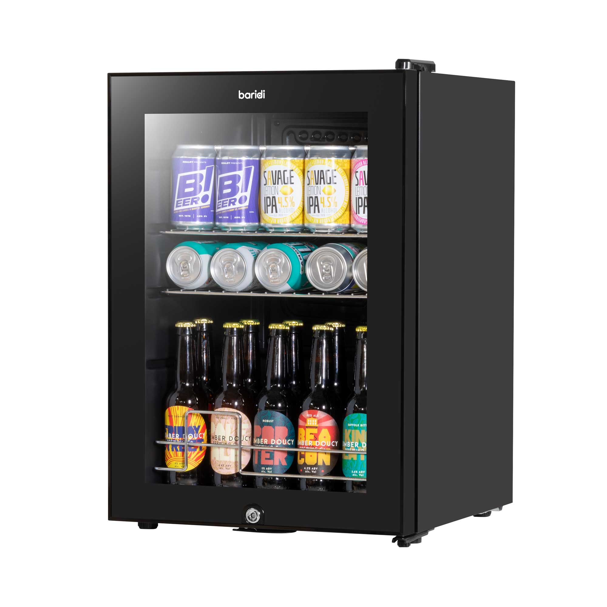 Baridi 60L Beer & Drinks Refrigerator with LED Light - Black Glass Door Mini Fridge for Home, Office, Bar & Party | Energy Efficient Beverage Cooler DH62