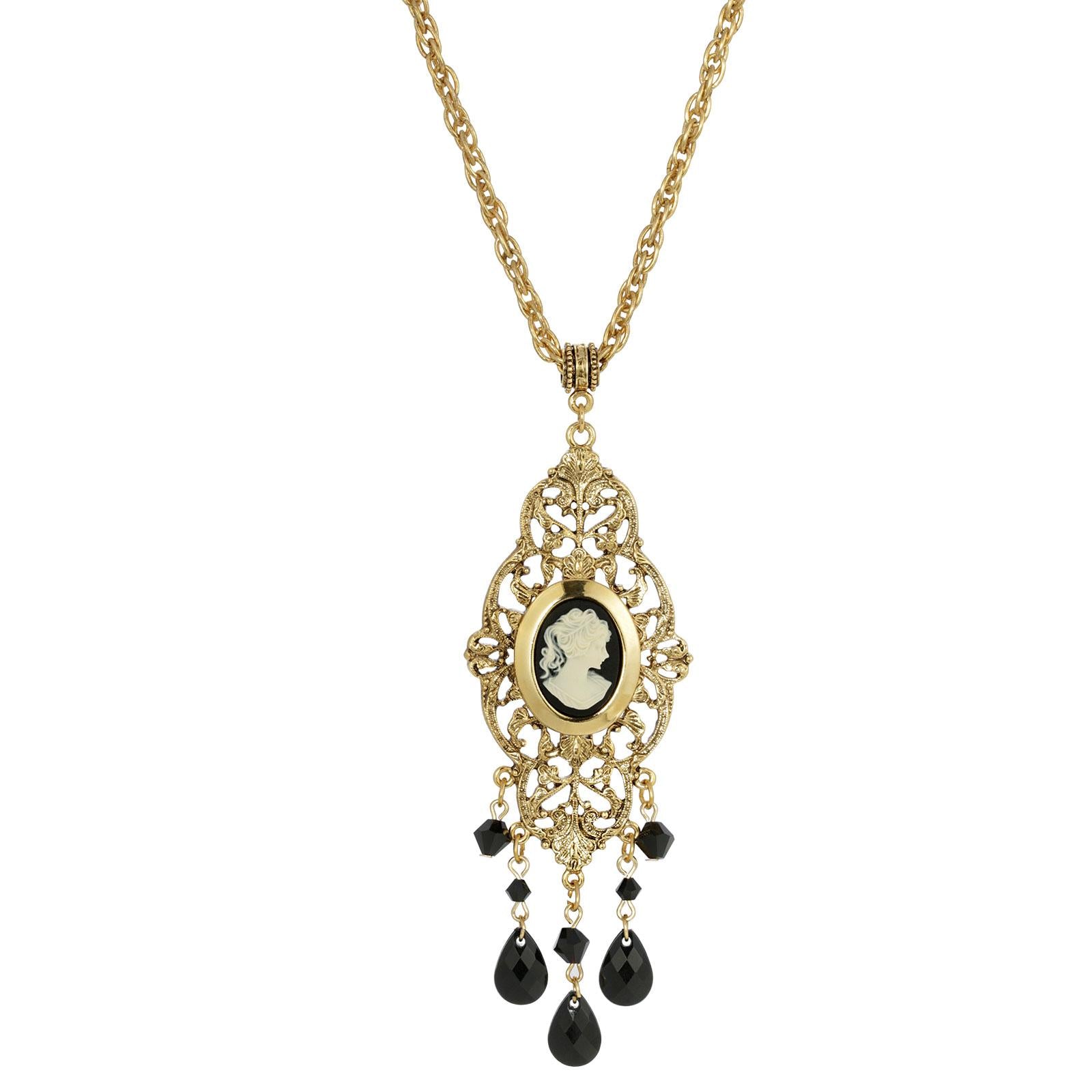 1928 Vintage Black Oval Cameo Locket Necklace - 32