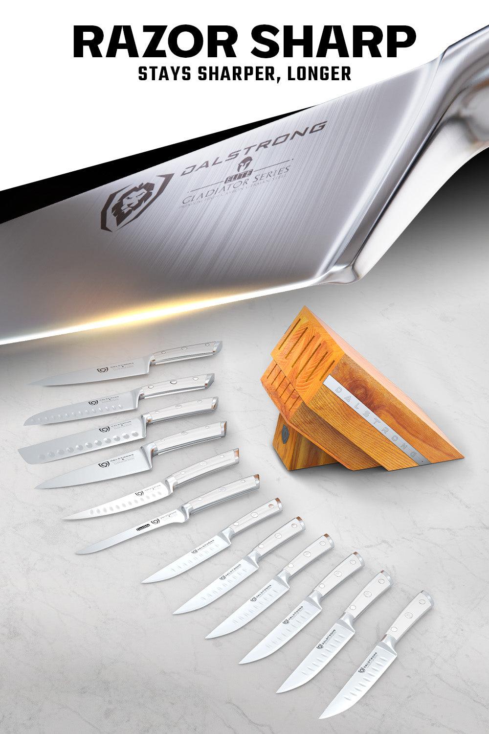 12-Piece Dalstrong Gladiator Series Knife Block Set with White Handles - NSF Certified Professional Kitchen Knives for Home Chefs & Cooking Enthusiasts | Perfect for Meal Prep, Slicing, Dicing & Gourmet Cooking