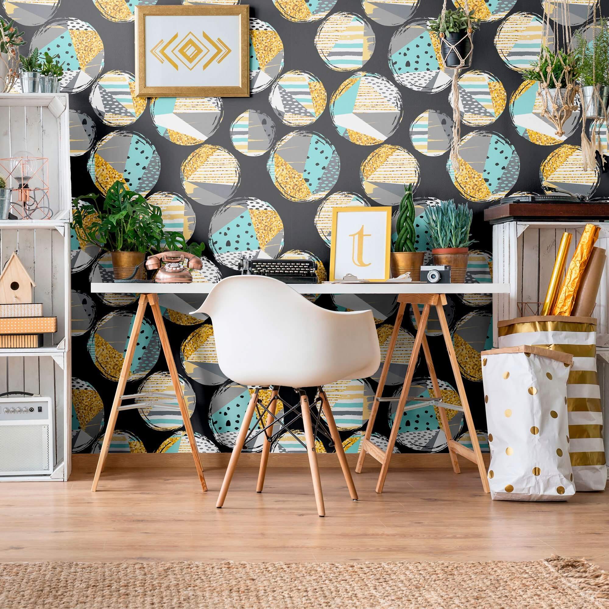 Stylish Mint Green & Gold Geometric Peel and Stick Removable Wallpaper for Teens - Perfect for Bedroom, Dorm Room, and Home Decor