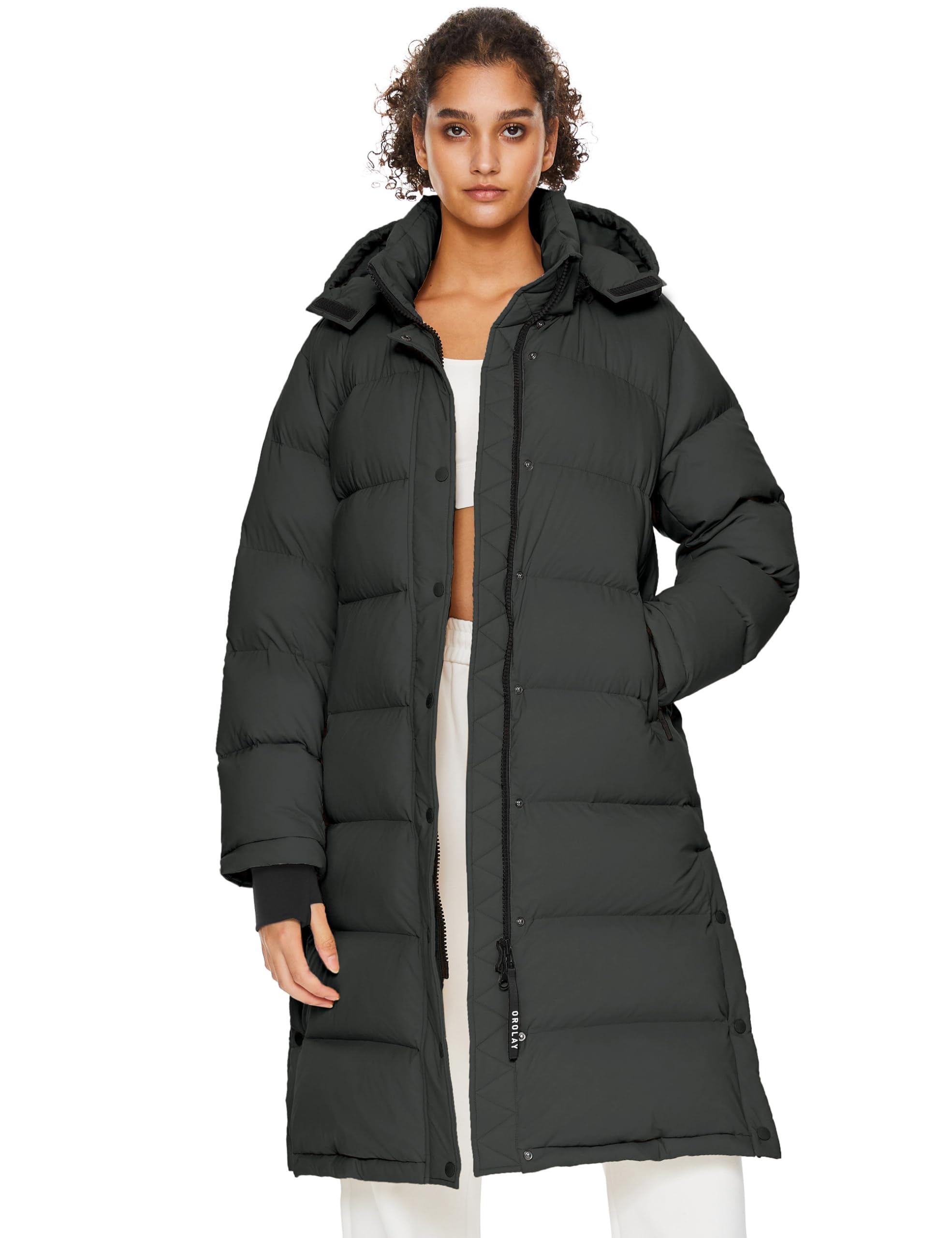 Orolay Women's Long Down Jacket with Detachable Hood - Winter Warm Puffer Coat with Hem Slit for Outdoor Activities, Travel & Cold Weather Protection