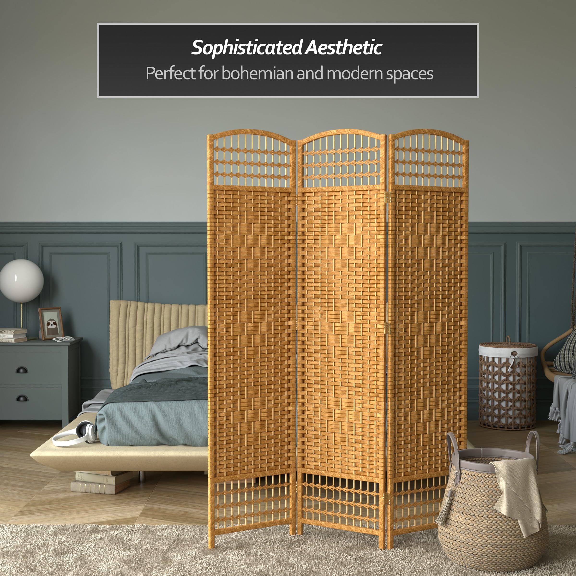 5.5 ft Tall Red Lantern Fiber Weave Light Beige 3-Panel Room Divider - Asian Inspired Decorative Screen for Living Room, Bedroom, or Office Privacy