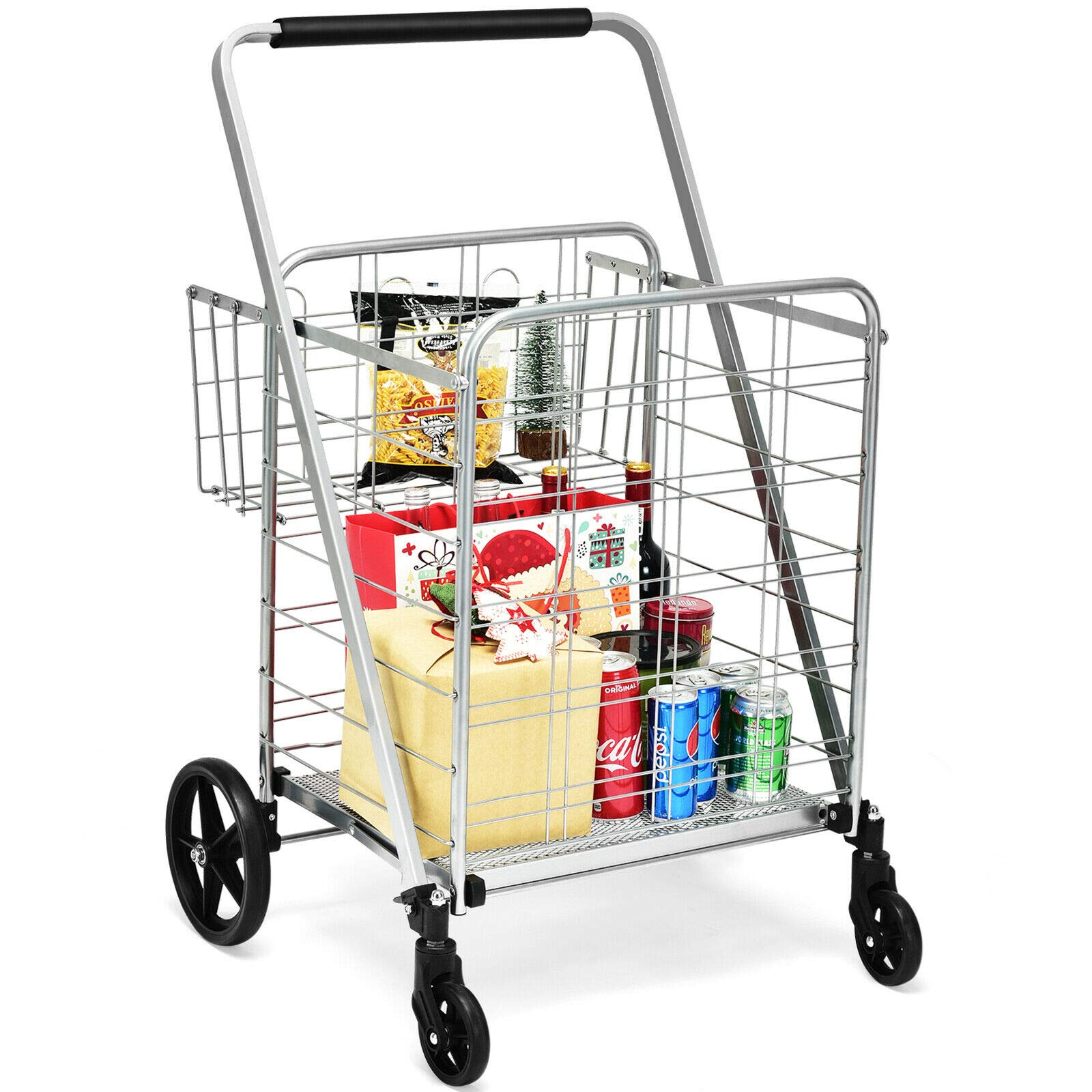 Silver Folding Grocery Shopping Cart - Heavy Duty Steel Rolling Utility Cart with Spacious Front Basket & Extra Back Basket - Perfect for Grocery Shopping, Laundry, Gardening & Outdoor Use