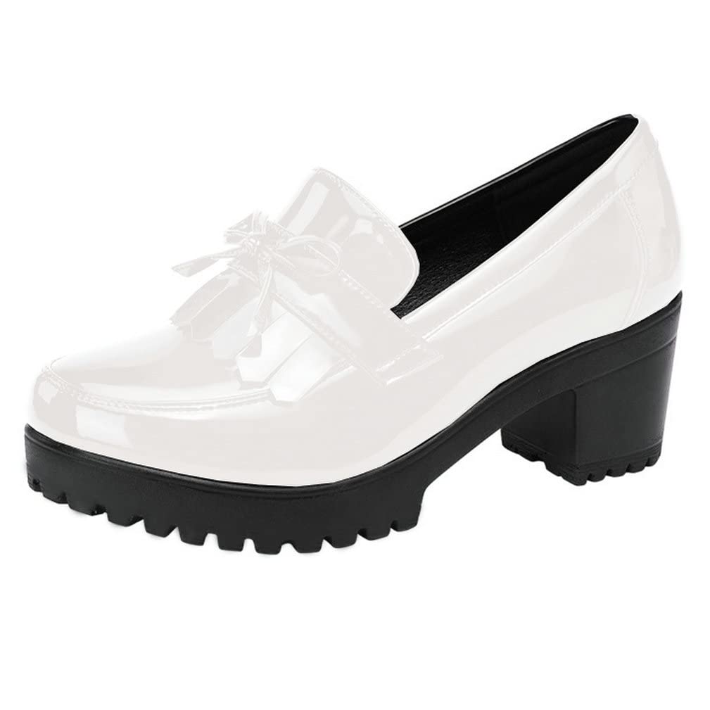 KISSASA Women's Chunky Heel Loafers with Tassel Fringe - Patent Leather Platform Dress Shoes for Work, Office, and Formal Occasions